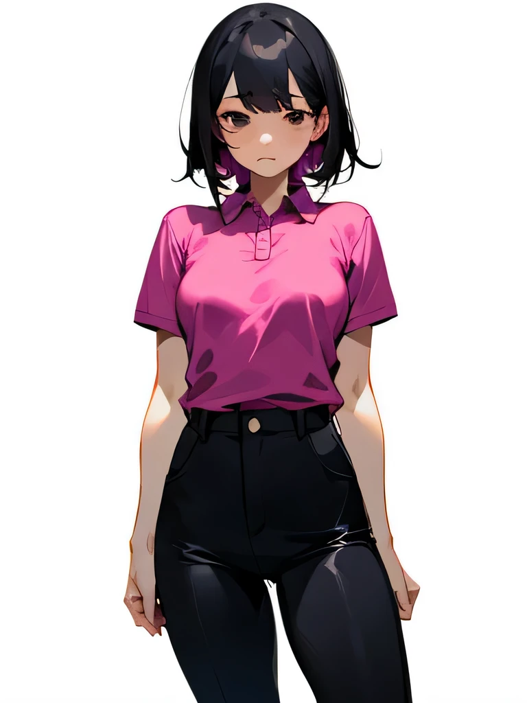No bra, lower body, Japanese, very short, pubic hair, beautiful breasts, embarrassing, shyness, worries, beautiful breasts, black hair, outside, changing clothes, standing, arms, hands on breasts, magenta polo shirt, small breasts, black eyes, black pants