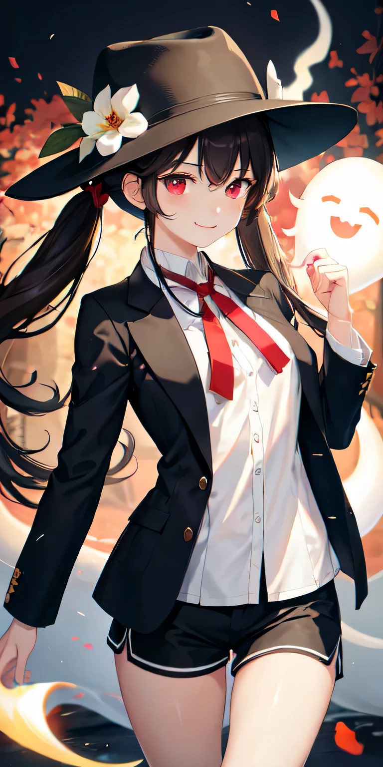 girl、funeral director、dark brown hair、Dark brown hair、brown hat、wear a brown fedora hat、twin tails、red eyes、White flower highlights on the eyes、Warlike、smile、Insanity、Ghost、Lots of Ghosts、Pull Ghost、brown clothes、long sleeve、Shorts、clothes and pants are connected、thighs、white butterfly々、inflammation、fight、wear inflammation、have a spear、thighs、Very short Shorts
