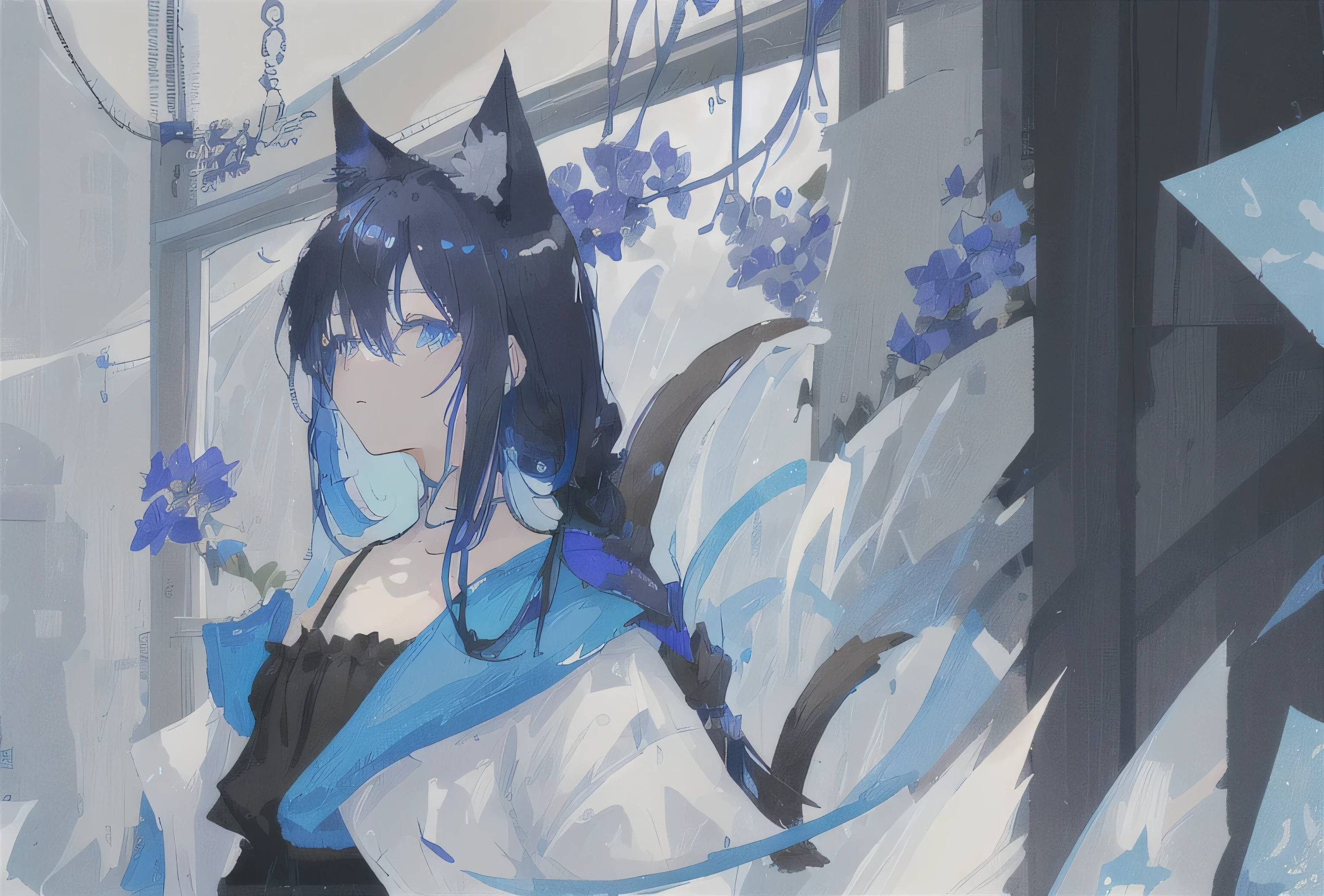 The image you’ve sent depicts a character with cat-like features, including black ears and a tail. The character has long, black hair adorned with blue flowers. The face of the character is blurred, making it indistinguishable. The background blends shades from blue to white, creating a mysterious and captivating artwork. It’s a highly creative and expressive piece of art.