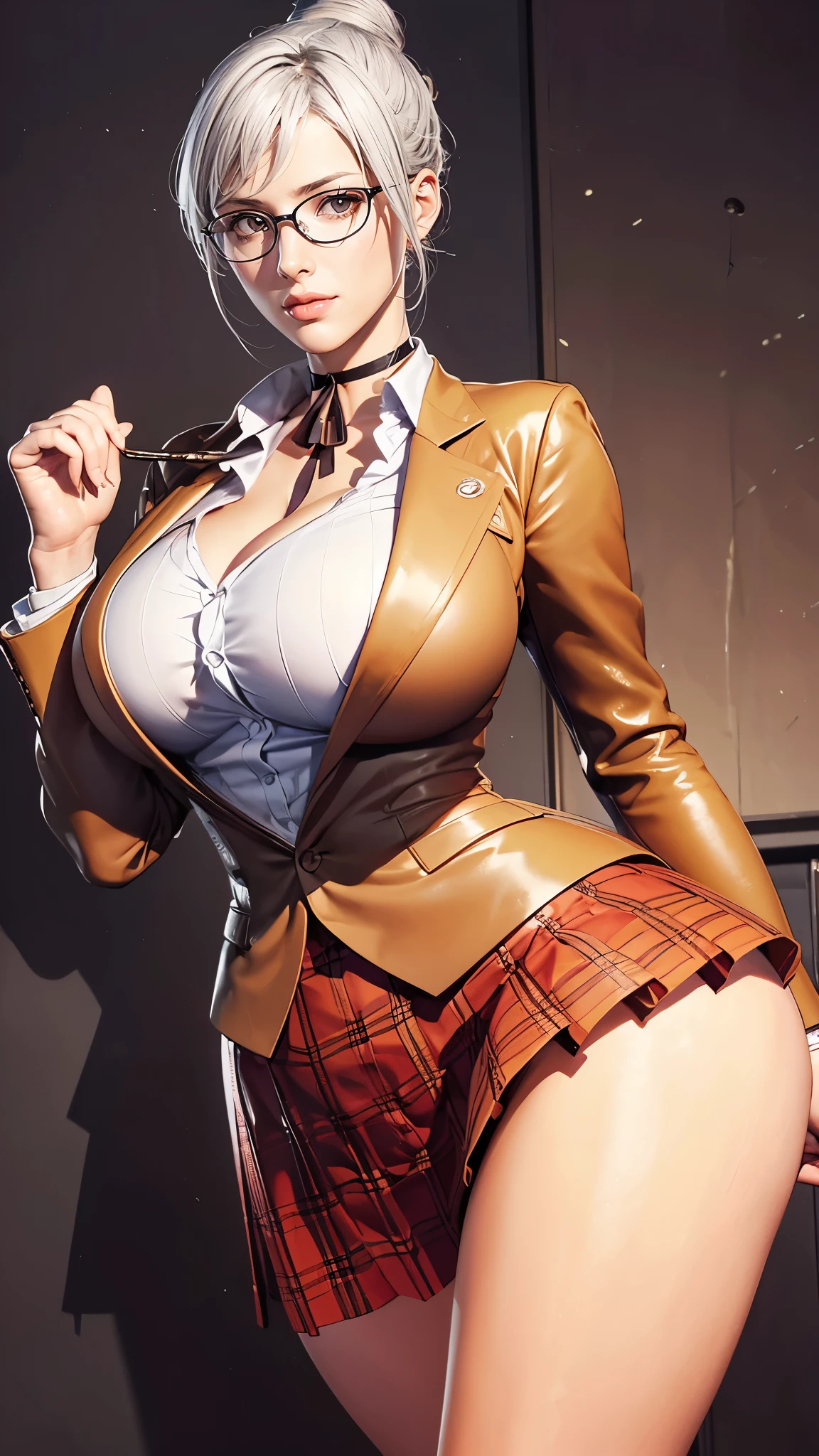 （（（完美figure，figure，school uniform,  plaid skirt,  ribbon choker, brown jacket，White shirt，（（（shiraki meiko，hair bun, glasses，White hair，）））型figure:1.7））），((masterpiece)),high resolution, ((Best quality at best))，masterpiece，quality，Best quality，（（（ Exquisite facial features，looking at the audience,There is light in the eyes，Happy，***********nterlacing of light and shadow，huge boobs））），（（（looking into camera，looking at viewer,standing,from above）））