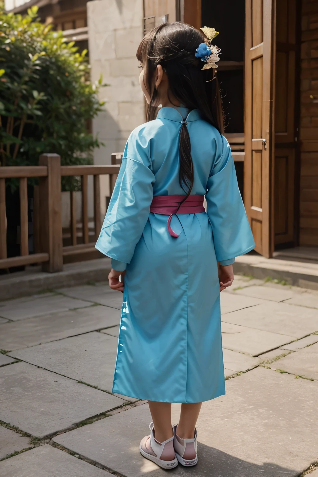 Cartoon children studying in Hanfu full body back view