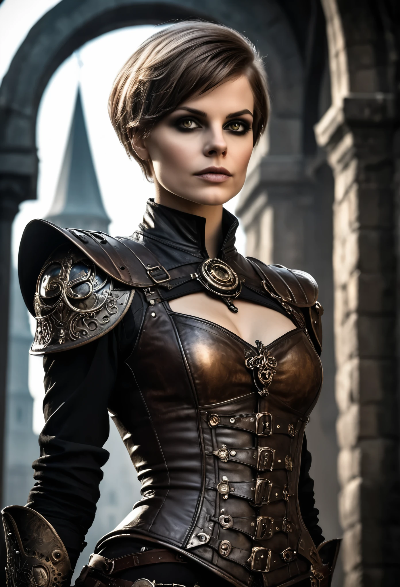 (Realisttic:1.2), ultra detailed, Beautiful woman posing by a tower. warrior. steampunk. Her clothing is both and decorative, emphasizing her form. She has short hair and an elegant expression on her face, with soft features and striking eyes that draw the viewer in. This contrast between the fantastical character and the more traditional Darkest Dungeon color scheme and elements gives the piece an intriguing narrative quality, highly stylized by H.R. Giger. depth of field, bokeh effect, backlit, stylish, elegant, breathtaking, visually rich, masterpiece full body shot.