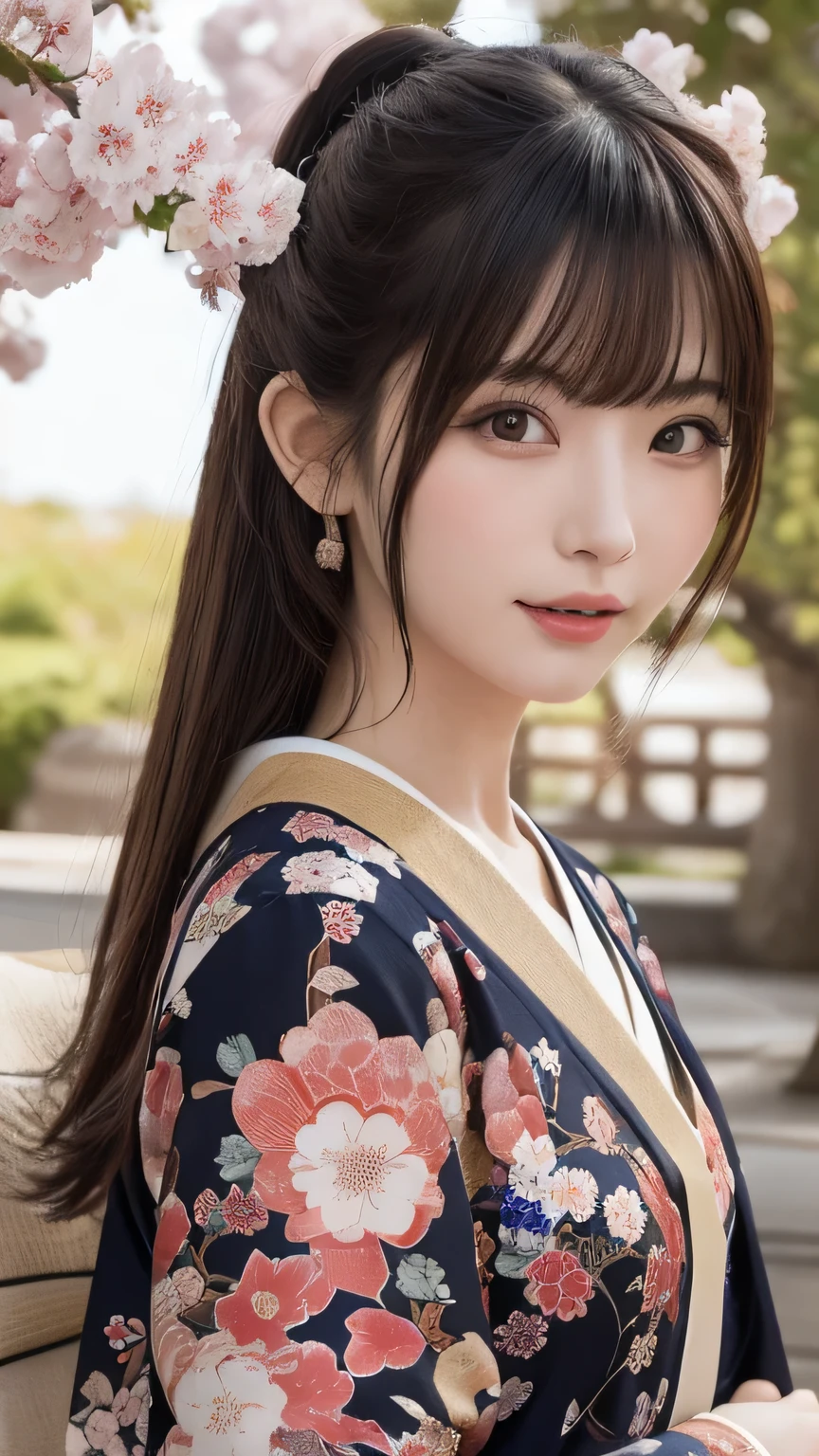 In a futuristic scene, Mechanically enhanced Japanese geisha、Elegant in an elaborate garden. She has beautifully detailed eyes and lips that complement her face. Geishas wear traditional kimonos with intricate patterns and designs.。. Around her are bright cherry blossoms and a quiet carp pond. The scenes are drawn using a combination of illustration and photorealism, cherry blossoms吹雪,Highly detailed brush strokes and sharpness, Bright colors. Lighting that highlights the graceful appearance of geishas, Gives your skin a soft glow like porcelain. Artwork is of the highest quality, Displaying the intricate details of geisha costumes, cherry blossoms, With sparkling carp scales. The overall color scheme is、、A combination of traditional Japanese colors, crimson, wait., black people, With subtle gold accents, with a futuristic twist. The fusion of ancient tradition and modern technology、、Create captivating and visually impressive masterpieces.