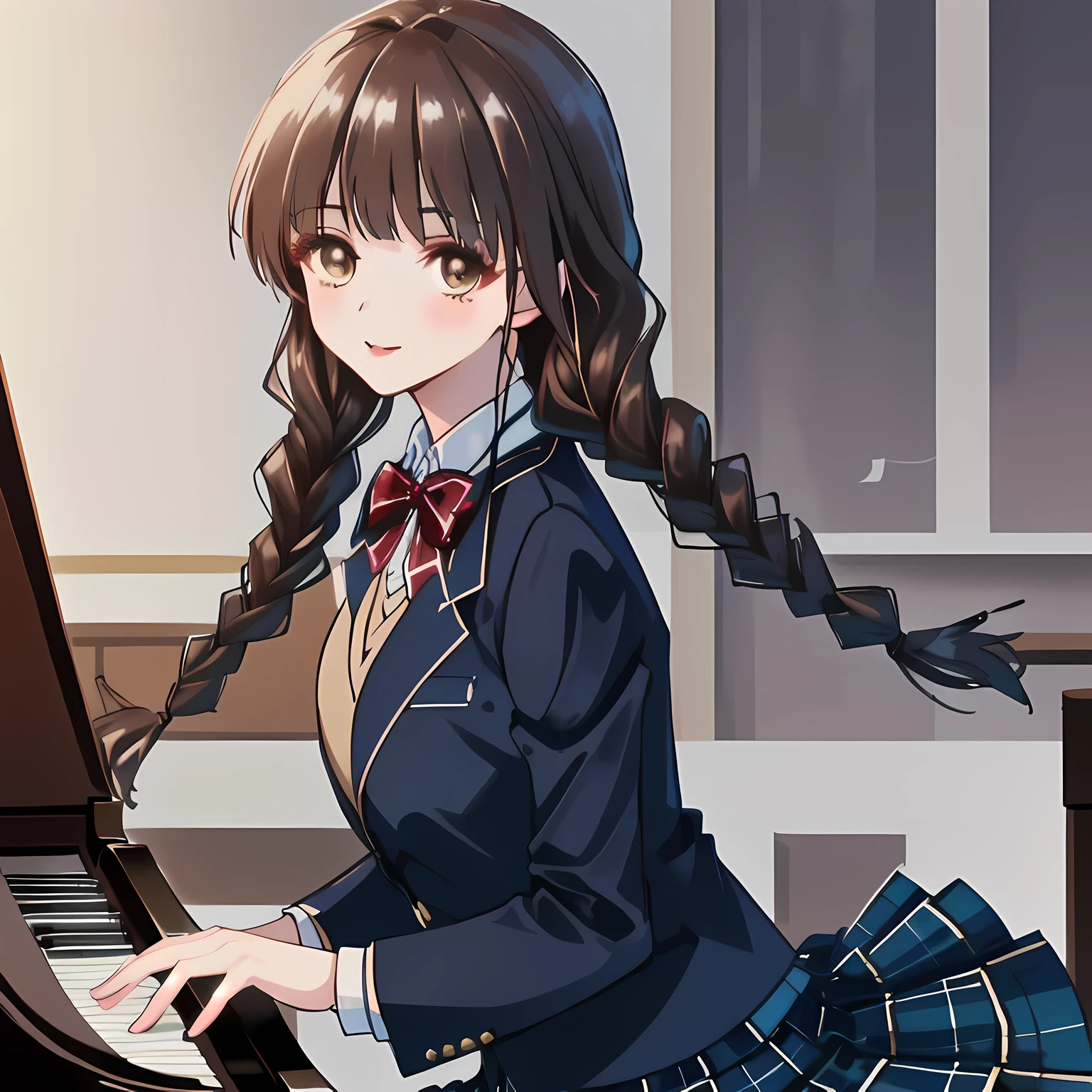highest quality, (masterpiece:1.2), High resolution, perfect pixel, One so beautiful woman is singing the chorus, 16 years old, (((big very detailed beautiful dark brown eyes like angel))), ((girly large wine-red glossy polyester Japanese school ribbon bow tie)), (((beautiful twin braids hair))), ((((dark blue & deep navy colored tartan checkered long skirt)))), ((A formal dark blue blazer that is slightly larger and has a gold emblem on the left chest that feels like the texture of the cloth.)), Watching the viewer and laughing, Very fun, Very happy, mouth is open, the skirt is so cute, detailed fingers, modest chest, curled bangs, ((Lip balm)), so beautiful, long eyelashes, ((Skirt and bow tie is photo realistic)), ((The background is a music room with a piano.)), Appeal to viewers, big long girly hair ribbons, Impressive and very beautiful eyes, shot from the side, double eyelids