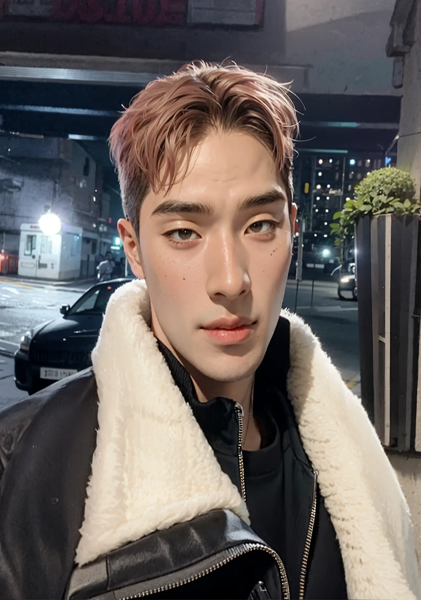 homem sul-coreano, keeho, pele limpa, olhos caidos e puxados, jaqueta com espuma na gola, boca rosada, sobrancelhas descoloridas, cabelo roxo desbotado, trajado de preto, keeho p1harmony, keeho p1h, keeho, keeho, coreano, sul-coreano.