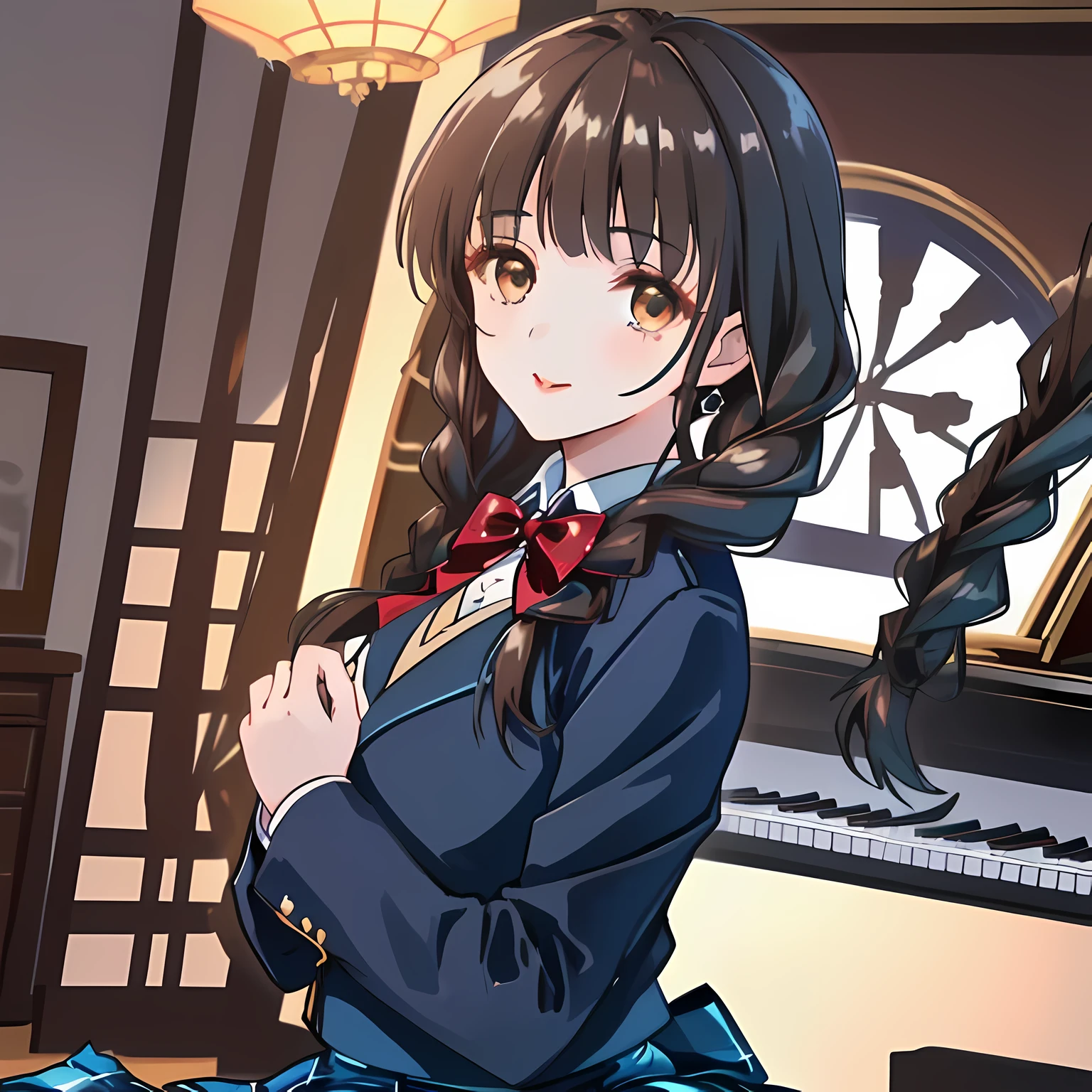 highest quality, (masterpiece:1.2), High resolution, perfect pixel, One so beautiful woman is singing the chorus, 16 years old, (((big very detailed beautiful dark brown eyes like angel))), ((girly large wine-red glossy polyester Japanese school ribbon bow tie)), (((beautiful twin braids hair))), ((((dark blue & deep navy colored tartan checkered long skirt)))), ((A formal dark blue blazer that is slightly larger and has a gold emblem on the left chest that feels like the texture of the cloth.)), Watching the viewer and laughing, Very fun, Very happy, mouth is open, the skirt is so cute, detailed fingers, modest chest, curled bangs, ((Lip balm)), so beautiful, long eyelashes, ((Skirt and bow tie is photo realistic)), ((The background is a music room with a piano.)), Appeal to viewers, big long girly hair ribbons, Impressive and very beautiful eyes, shot from the side, double eyelids