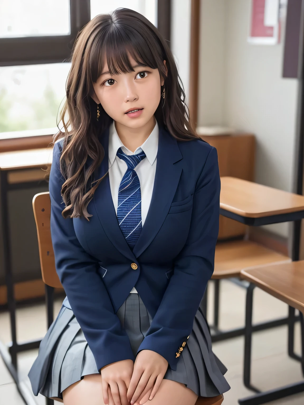 8k, highest quality, real image, intricate details, Super detailed, ultra high resolution, depth field,(realistic,realistic:1.2),from the middle, (closed my eyes:1.2), (open mouth:1.1), 1 Japanese girl, very beautiful 17 year old girl, Big eyes, beautiful breasts:1.5、highly detailed eyes:1.2), (beautiful breasts:1.1), (small breasts:1.5), wavy hair、curly hair、bangs, perfect skin, Fair skin, huge hips, thick thighs, thick legs, tight waist, sit in a chair, light blush, alone, (sob:1.1), (School_uniform),(dark blue blazer), (white shirt、wear a tie), (gray pleated skirt), (sculpture installation :1.1)