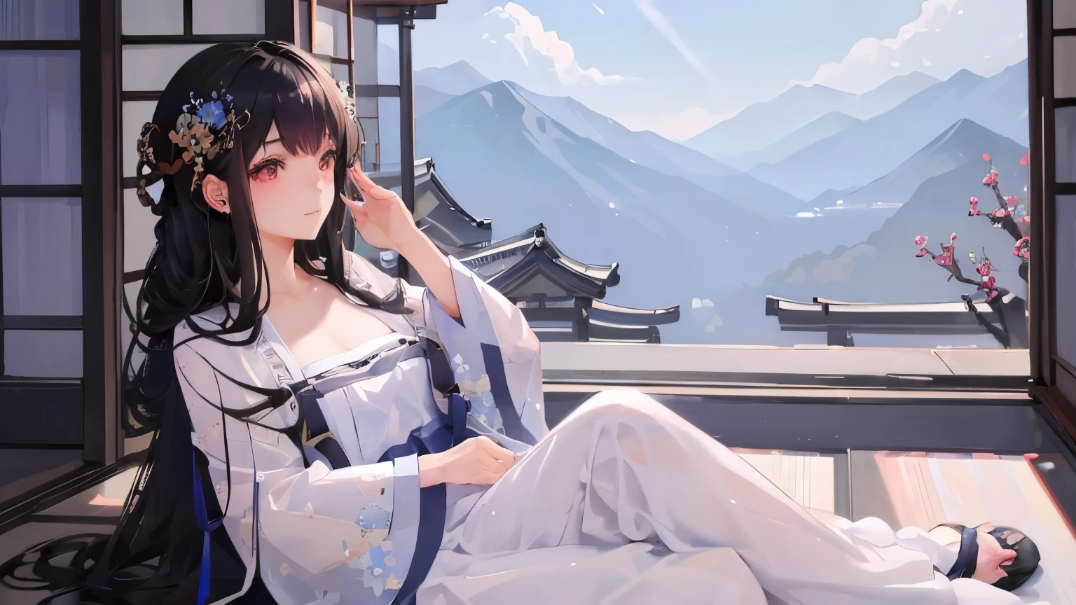 (highest quality、real:1.2)、anime style、Girl listening to music with headphones、Enjoy music、Blue Japan kimono、black hair、smile、shining eyes、Bright colors、soft lighting、Beautifully composed background、Floral、subtle texture、Detailed kimono folds、expressive hand gestures、calm environment、Traditional Japan Elementelodious notes、atmosphere of tranquility