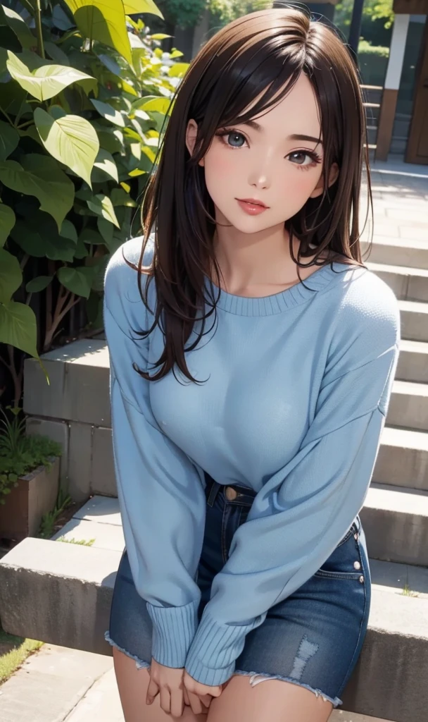 central park, green turf, blue sky, (maximum resolution: 1.2), Ultra HDTV: 1.2, cinematic light, masterpiece, highest quality, 8k resolution, masterpiece, High resolution, perfect pixel, finely, (detailed eyes and skin), perfect body, Anatomically correct, beautiful face, double eyelids, thin eyebrows, long curly hair, shinny hair, natural lip color, (glossy lips: 1.4), 25 years old lady, transparent skin, Super detailed, small breasts, thin thighs, beautiful feet, delicate, smile, short denim, sweater(extra large size: 1.1), 