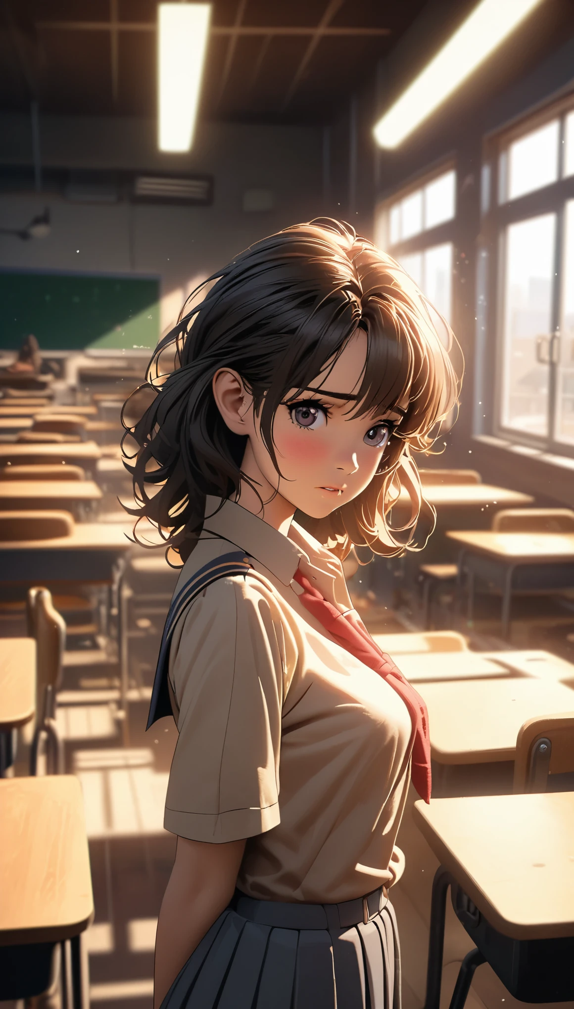 Comic city hunter style， beautiful girl，classroom，JK school uniform，Double tail，shy，colorful，Japanese cartoonist Tsukasa Hojo&#39;s style，depth of field，OC renderer，Movie lighting，Super fine，Super detailed，complex，cinematic perspective，CG art，