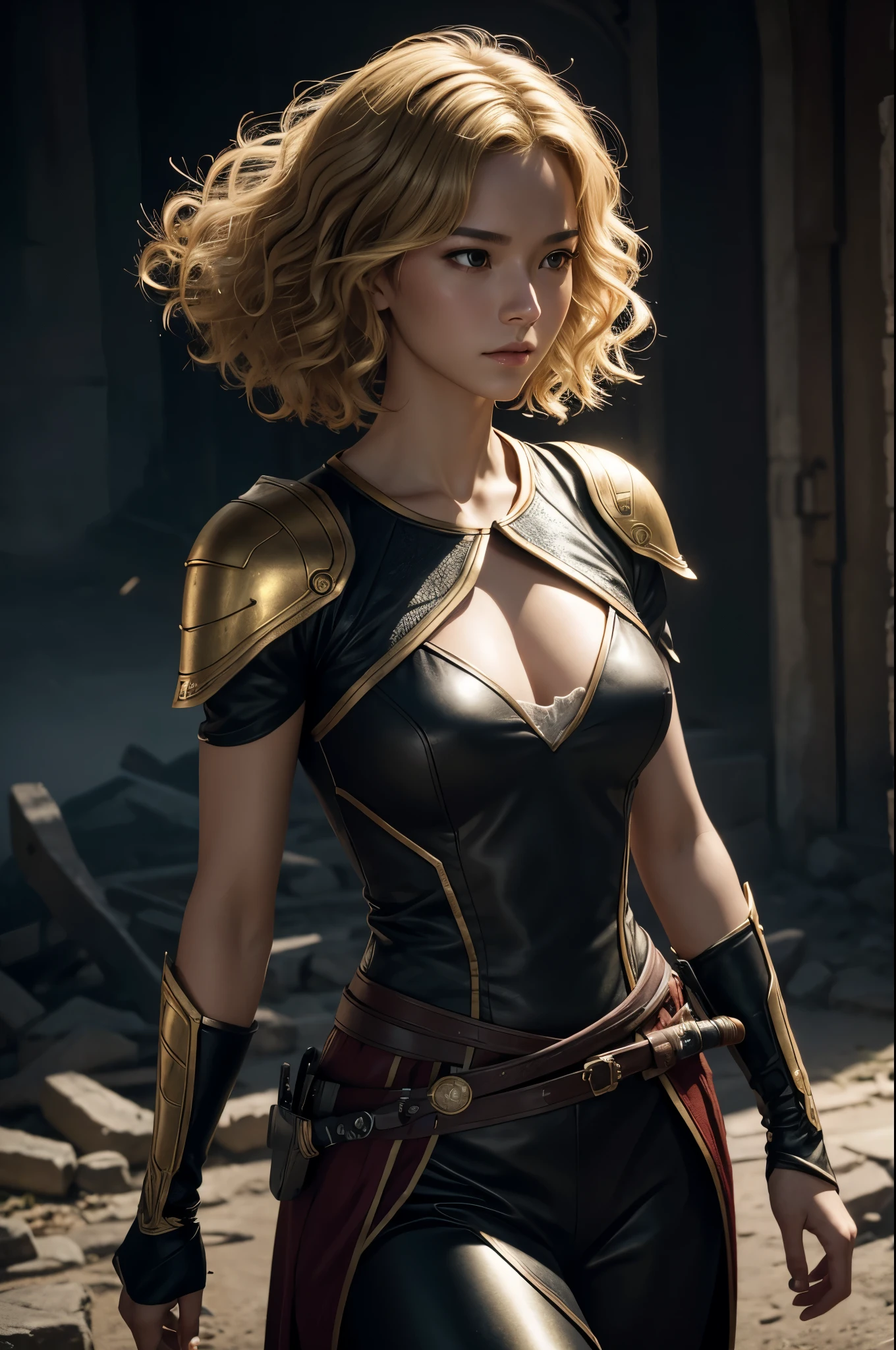 8K,A female assassin running in the night,Super beautiful(like the real thing),黒と赤の暗殺者のsexyな衣装,adult woman,golden short perm hair,sexy,masterpiece,Photorealistic RAW photos of the highest quality。bright colors,rich colors, Backlight, cinematic lighting, film grain, to be born, 50MM lens, Nikon D850,super realistic skin,fantasy art,character art,ultra high resolution,realistic scale skin,Perfect hand shape,view audience,beautiful expression,Close-up,owns a short sword,Inside an abandoned castle,short blonde perm hair,