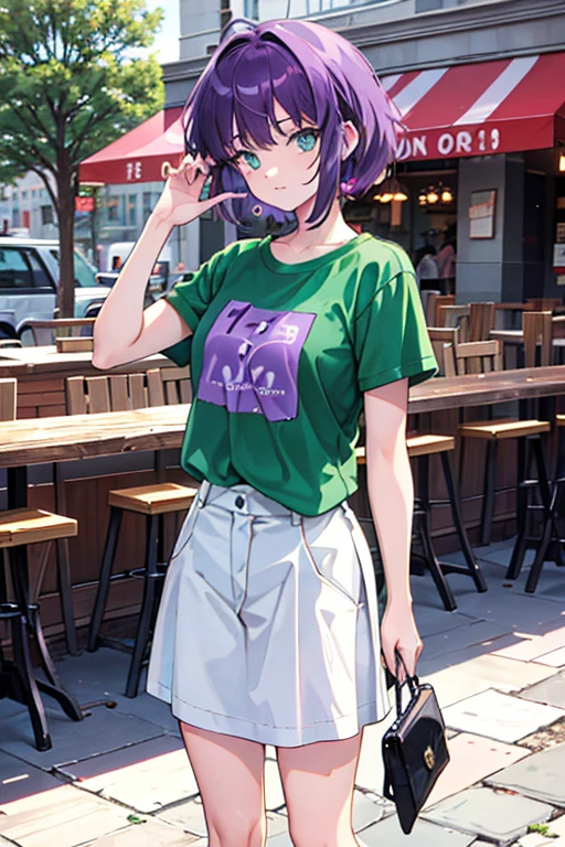 medium hair, purple hair, green eyes, t-shirt, standing, High Spirits/Motivated, Fair skin, outdoors, cafe, looking at viewer, 1990s (style), --niji 5  --ar 2:3