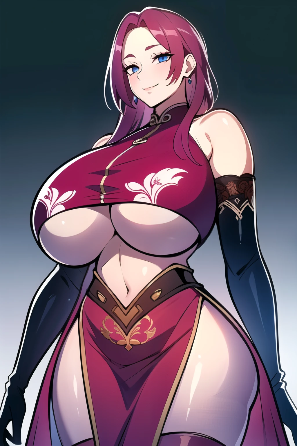 ultra realistic 8k cg, masterpiece, (( intricate detail, highly detailed, fine details best quality, hyperdetailed face)), gigantic breasts ,beautiful lighting, absurdres, BoaHancockV2, 1girl, solo, red hair, long hair, jewelry, closed mouth, ), (chinese dress, (underboob : 1.4), elbow gloves, thigh boots, split skirt, bare shoulders, curvy, midriff, curvy, thighs, shiny clothes), blue eyes, (complex detailed background, inside, luxury palace), ((cowboy shot)), curvy, (gigantic breasts: 1.1), seductive smile, cowboy shot,