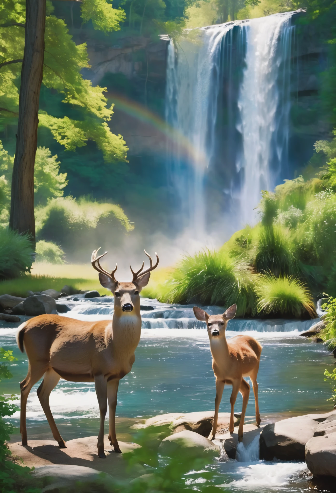 photography, (in the style of George Shiras), ((foreground deer)), (((family, deer))), ((background waterfall)), beautiful nature, summer day, beautiful sunny day, (soft light), photorealism, ((photorealism)), George Shiras, winner of the Awards