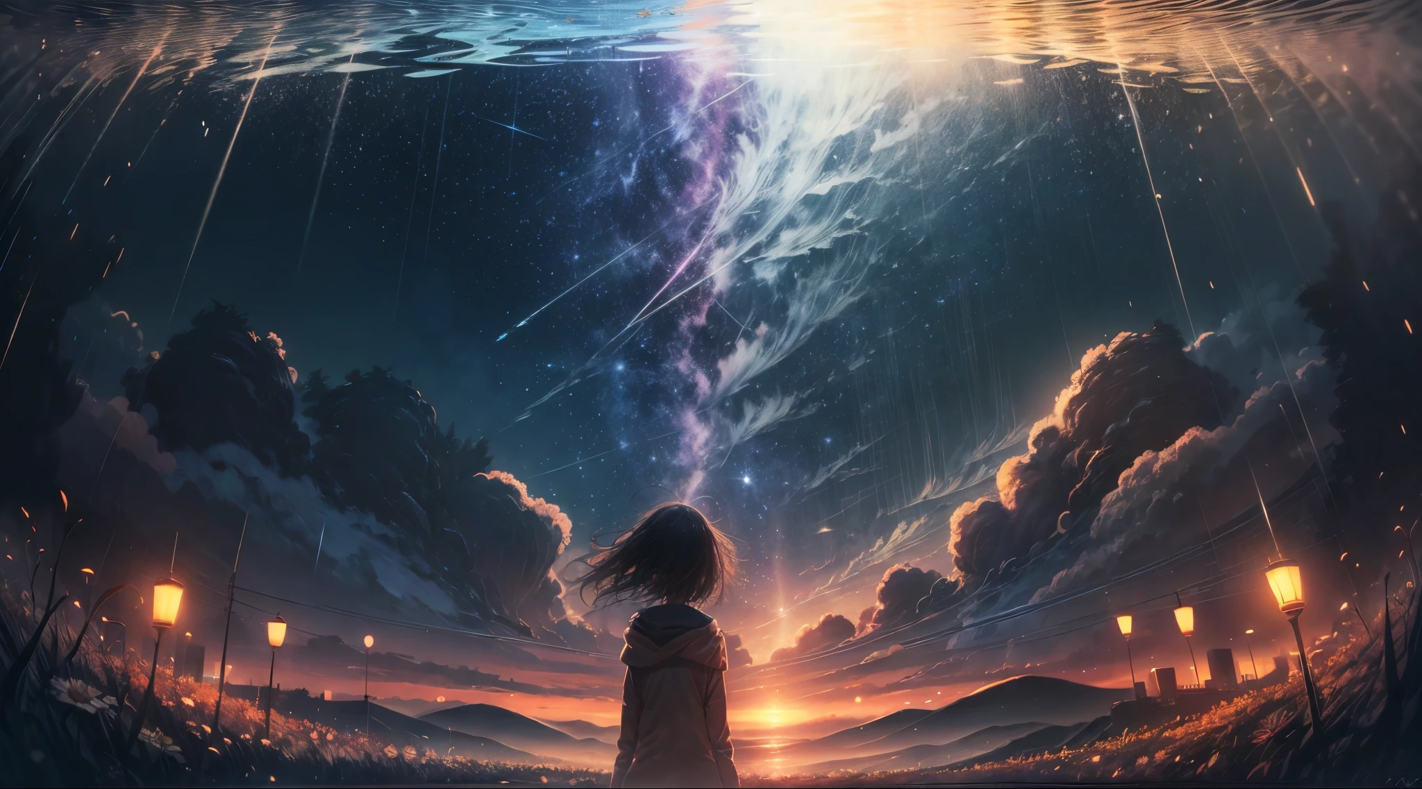 rain, downpour, flowers field, bright night, aesthetics, skies full of stars, crescent, dark blue and bright orange colors, anime, Ghibli-like colours, cinematic lighting, wide shot, 16k, 8k, highres, best quality, high quality, award winning, super detail, ccurate, masterpiece, UHD