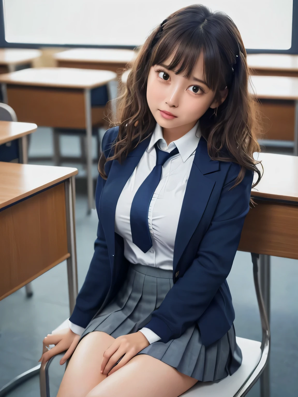 8k, highest quality, real image, intricate details, Super detailed, ultra high resolution, depth field,(realistic,realistic:1.2), (full body:1.3), (crying face:1.3), (tears:1.2), (lamentation:1.3), sitting on a chair, 1 Japanese girl, very beautiful 17 year old girl, (beautiful breasts:1.5, highly detailed eyes:1.2), (beautiful breasts:1.1), (small breasts:1.2), (wavy hair)、(curly hair)、bangs, perfect skin, Fair skin,( huge hips:1.2), (thick thighs:1.2), (thick legs:1.1), tight waist, alone, (knees together), (hands between her legs), looking at the viewer, (School_uniform),(dark blue blazer), (white shirt、wear a tie), (gray pleated skirt), (sculpture installation :1.1), break classroom