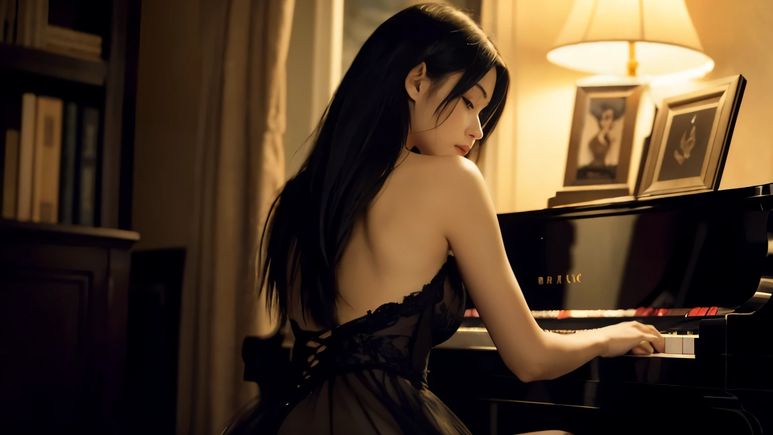 Impressionist oil painting of a naked Japanese lady, playing piano, sitting, from behind