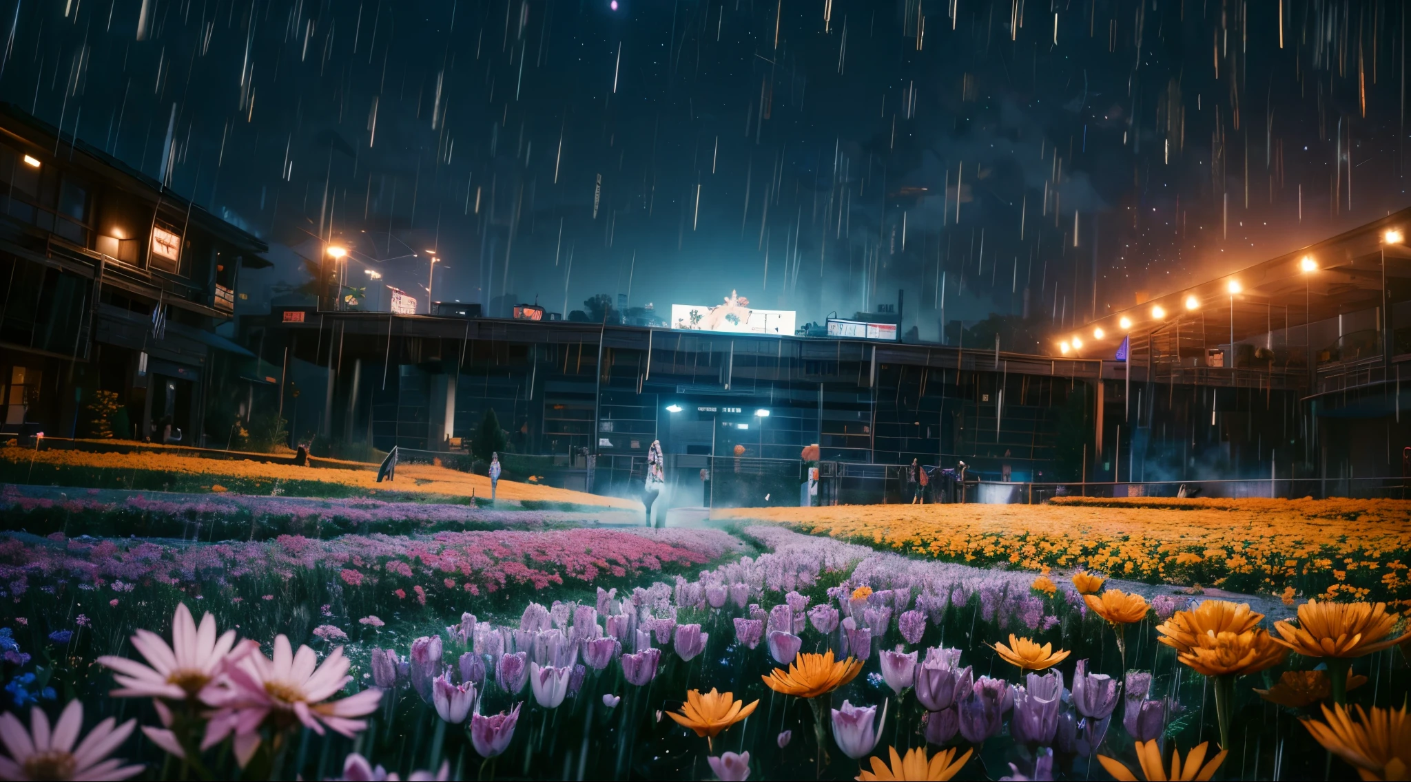  rain, downpour, flowers field, bright night, aesthetics, skies full of stars, crescent, dark blue and bright orange colors, anime, Ghibli-like colours, cinematic lighting, wide shot, 16k, 8k, highres, best quality, high quality, award winning, super detail, ccurate, masterpiece, UHD