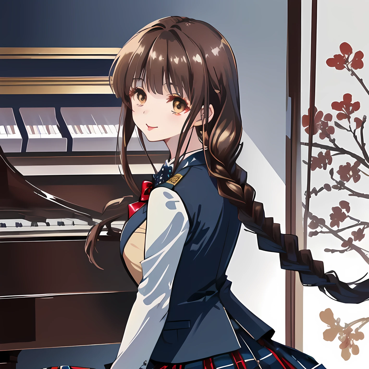 highest quality, (masterpiece:1.2), High resolution, perfect pixel, One so beautiful woman is singing the chorus, 16 years old, (((big very detailed beautiful dark brown eyes))), ((girly large wine-red glossy polyester Japanese school ribbon bow tie)), (((beautiful twin braids hair))), ((((dark blue & deep navy colored tartan checkered long skirt)))), ((A formal dark blue blazer that is slightly larger and has a gold emblem on the left chest that feels like the texture of the cloth.)), Watching the viewer and laughing, Very fun, Very happy, mouth is open, the skirt is so cute, detailed fingers, modest chest, curled bangs, ((Lip balm)), so beautiful, long eyelashes, ((Skirt and bow tie is photo realistic)), ((The background is a music room with a piano.)), Appeal to viewers, big long girly hair ribbons, Impressive and very beautiful eyes, shot from behind, double eyelids