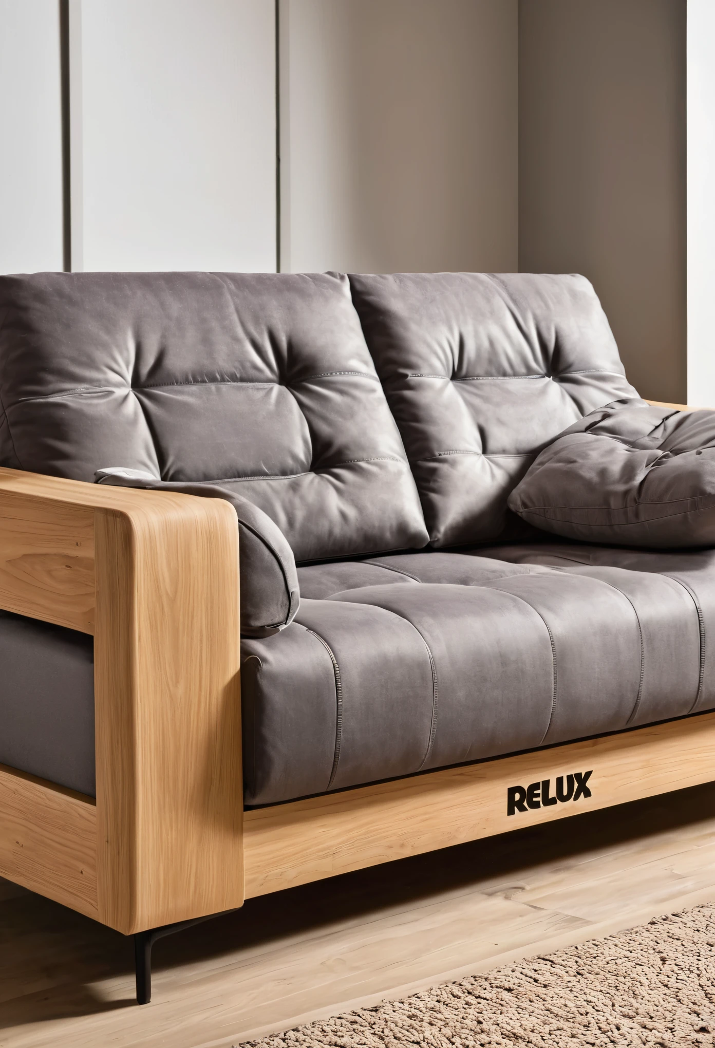 Product Photography, Close-up sofa in living room with text "Relux" Branding on wooden boards,