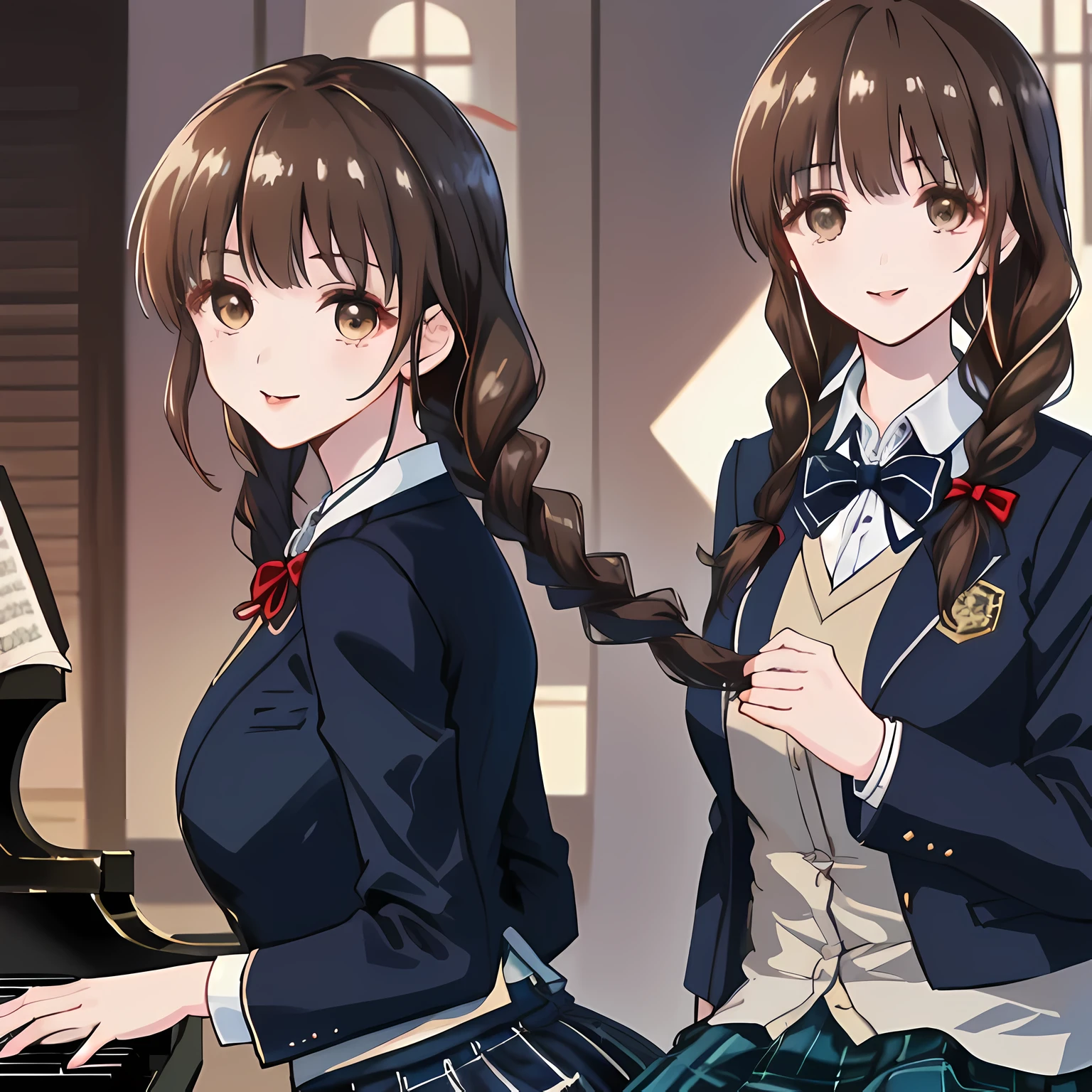 highest quality, (masterpiece:1.2), High resolution, perfect pixel, One so beautiful woman is singing the chorus, 16 years old, (((big very detailed beautiful dark brown eyes))), ((girly large wine-red glossy polyester Japanese school ribbon bow tie)), (((beautiful twin braids hair))), ((((dark blue & deep navy colored tartan checkered long skirt)))), ((A formal dark blue blazer that is slightly larger and has a gold emblem on the left chest that feels like the texture of the cloth.)), Watching the viewer and laughing, Very fun, Very happy, mouth is open, the skirt is so cute, detailed fingers, modest chest, curled bangs, ((Lip balm)), so beautiful, long eyelashes, ((Skirt and bow tie is photo realistic)), ((The background is a music room with a piano.)), Appeal to viewers, big long girly hair ribbons, Impressive and very beautiful eyes, shot from behind, double eyelids