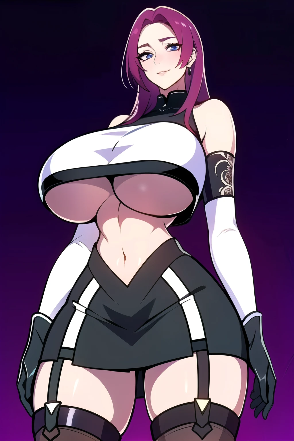 ultra realistic 8k cg, masterpiece, ((ultra detailed background, intricate detail, highly detailed, fine details best quality, hyperdetailed face)), gigantic breasts ,beautiful lighting, absurdres, BoaHancockV2, 1girl, solo, red hair, long hair, jewelry, closed mouth, ), ((black crop top : 1.1), (underboob : 1.4), elbow gloves, thigh boots, split skirt, bare shoulders, curvy, midriff, curvy, thighs, shiny clothes), blue eyes, complex detailed background, inside, luxury palace), ((cowboy shot)), curvy, (gigantic breasts: 1.1), seductive smile, cowboy shot,