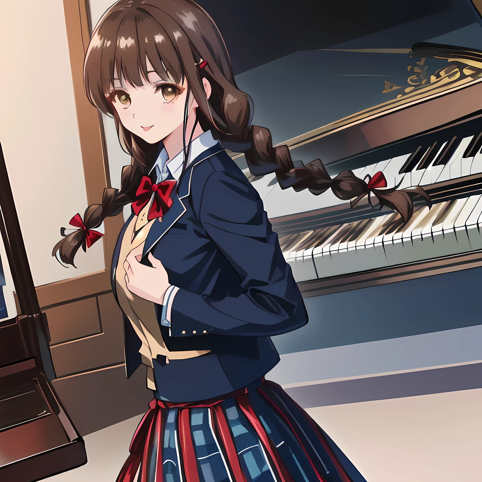 highest quality, (masterpiece:1.2), High resolution, perfect pixel, One so beautiful woman is singing the chorus, , (((big very detailed beautiful dark brown eyes))), ((girly large wine-red glossy polyester Japanese school ribbon bow tie)), (((beautiful twin braids hair))), ((((dark blue & deep navy colored tartan checkered long skirt)))), ((A formal dark blue blazer that is slightly larger and has a gold emblem on the left chest that feels like the texture of the cloth.)), Watching the viewer and laughing, Very fun, Very happy, mouth is open, the skirt is so cute, detailed fingers, modest chest, curled bangs, ((Lip balm)), so beautiful, long eyelashes, ((Skirt and bow tie is photo realistic)), ((The background is a music room with a piano.)), Appeal to viewers, big long girly hair ribbons, Impressive and very beautiful eyes, shot from behind, double eyelids