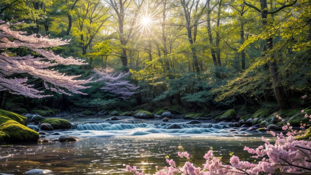 (best quality,4k,8k,highres,masterpiece:1.2),ultra-detailed,(realistic,photorealistic,photo-realistic:1.37),bright vibrant morning light,colorful fresh flowers,blooming cherry blossoms,lush green grass,clear blue sky,tall swaying trees,fragrant floral scent,dew drops sparkling on petals,butterflies fluttering around,peaceful birds chirping,gentle breeze,serene tranquil atmosphere,soft sunlight streaming through leaves,blissful feeling of new beginnings,nature awakening from winter slumber