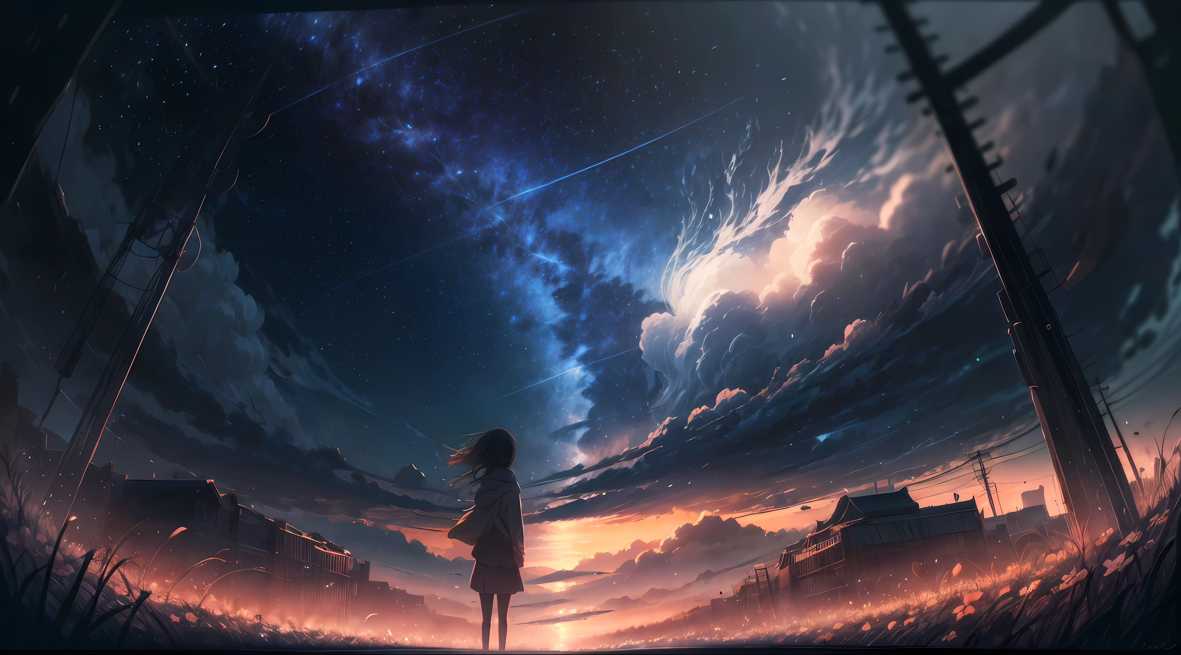 rain, downpour, flowers field, bright night, aesthetics, skies full of stars, crescent, dark blue and bright orange colors, anime, Ghibli-like colours, cinematic lighting, wide shot, 16k, 8k, highres, best quality, high quality, award winning, super detail, ccurate, masterpiece, UHD
