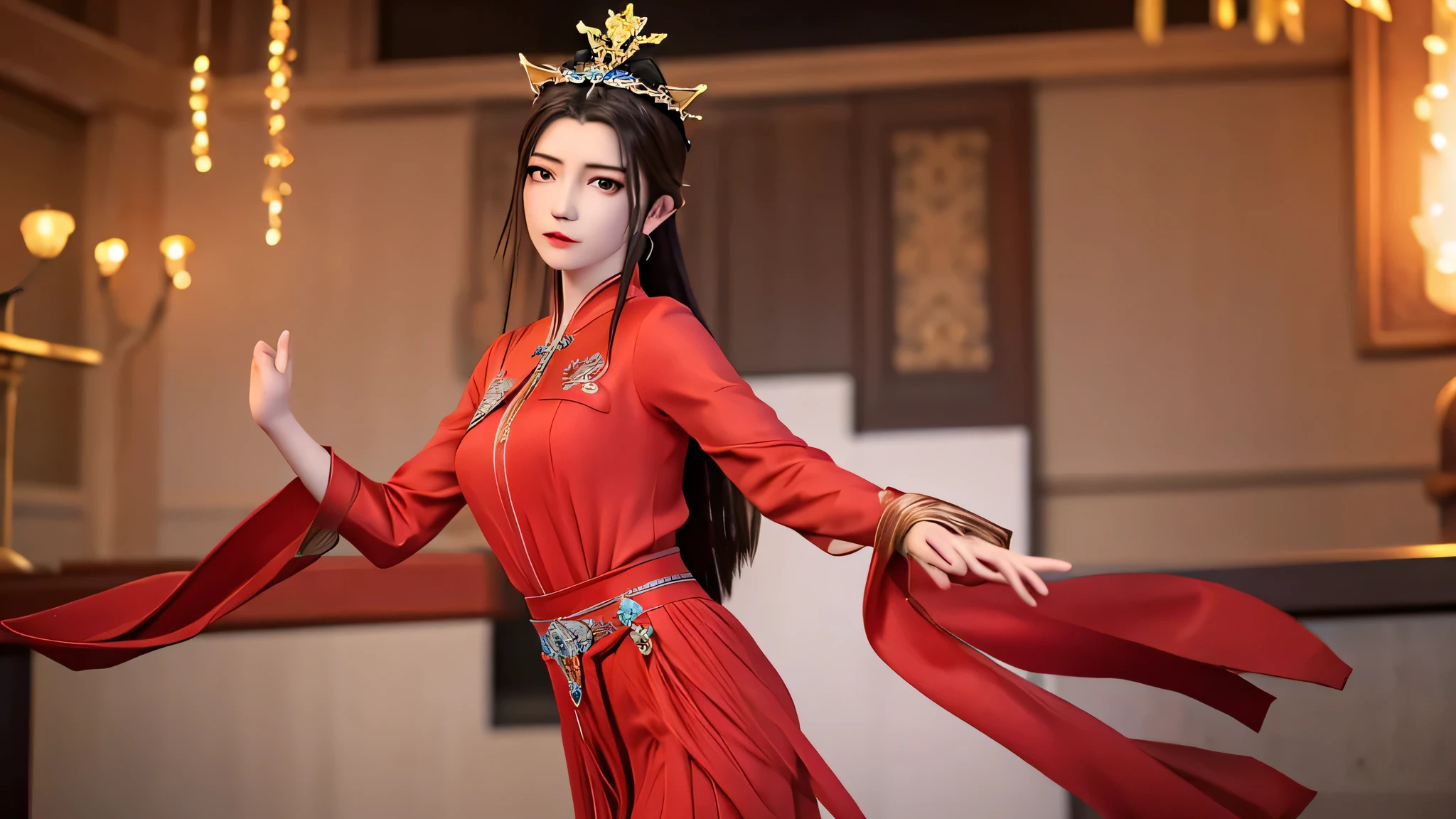 masterpiece,best quality,1 girl, brown eyes, Black_hair, Chinese clothes,red dress,crown,jewelry,hair ornament,watching_exist_audience, Cowboy shooting,