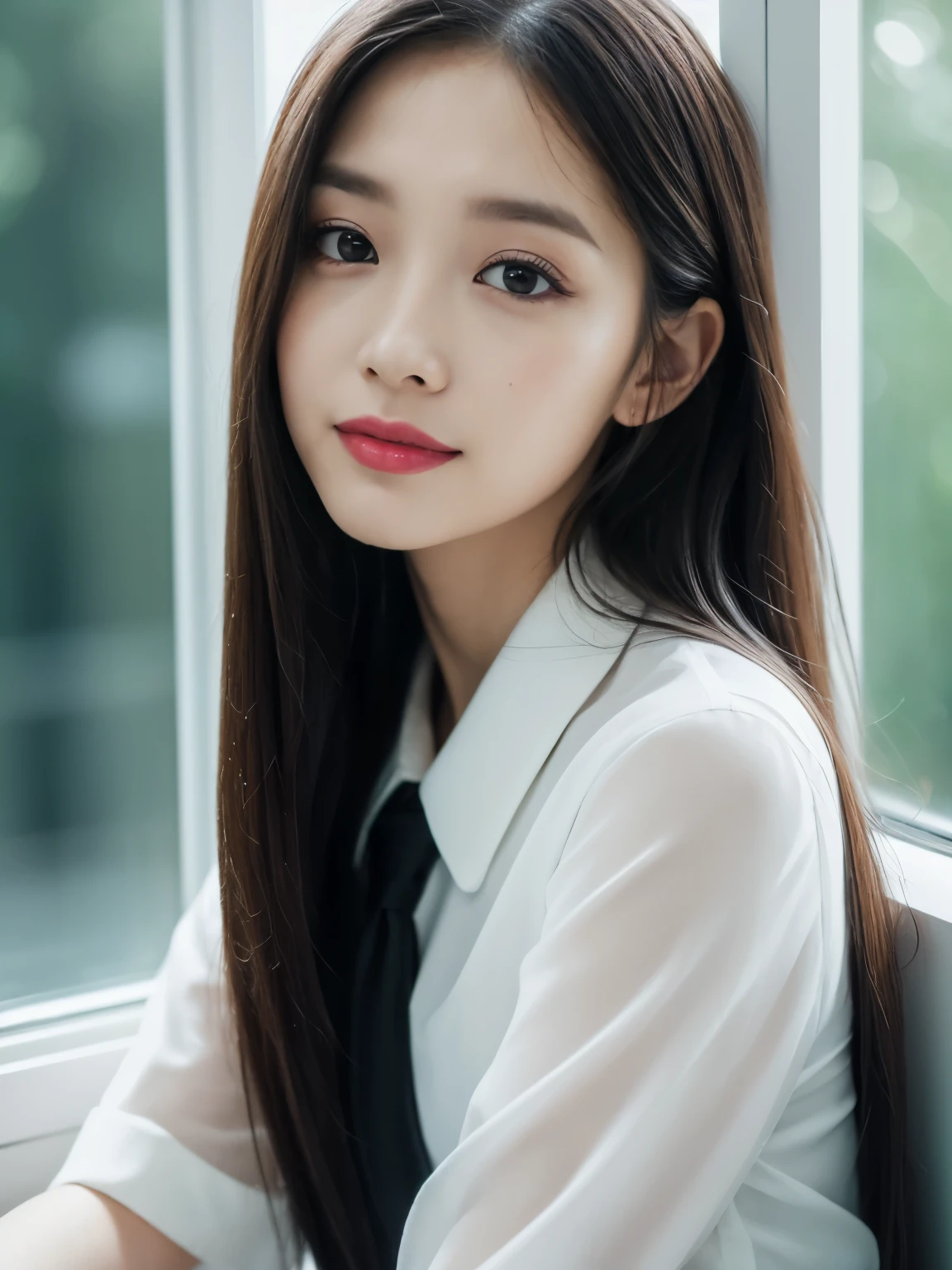 ((top-quality, 8K, ​masterpiece:1.3)), beautiful Girl, pure, Melon face, gentle and cute, A sweet smile, pure lust, slender figure, (The upper part of the body), (frontage), (tilted head), Look directly at the camera, Uniforms, white shirt, obi, Formal, Black silky long straight hair, long hair flowing over the shoulders, round black big eyes, clear big eyes, Wet red lips, Dolce, sitting on the edge of a bed,  Window sill background,