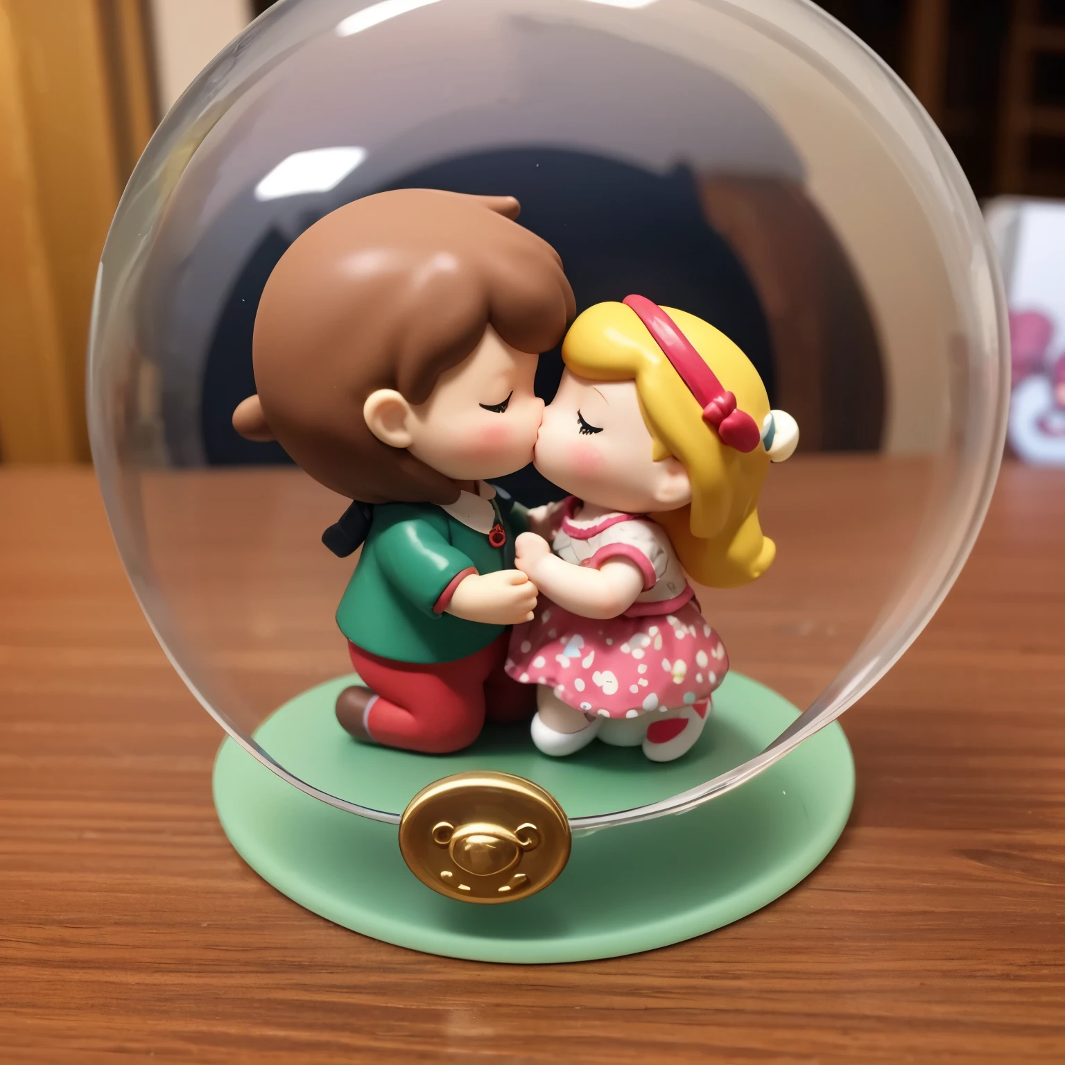 There is a kissing doll inside a dome-shaped transparent plastic case.