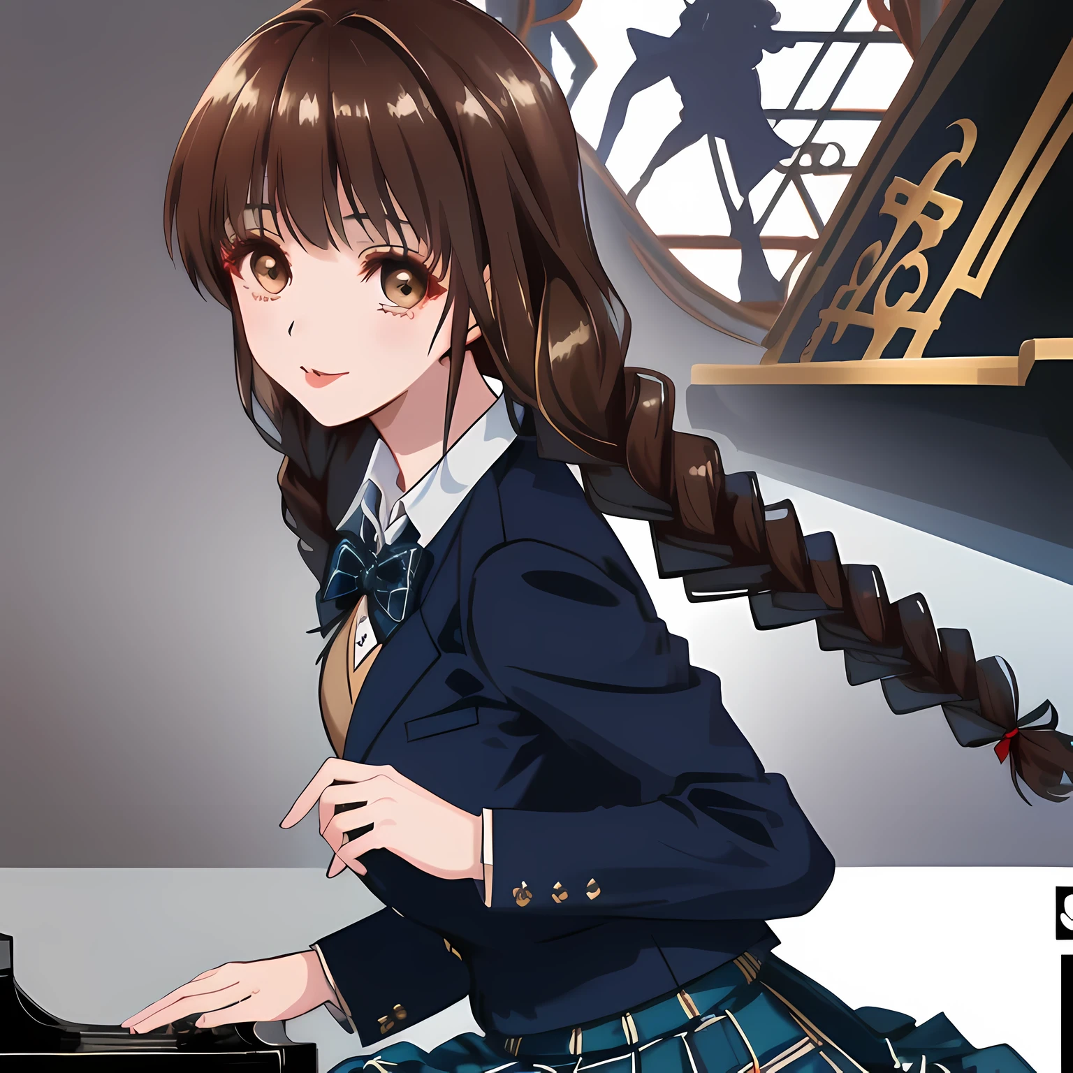highest quality, (masterpiece:1.2), High resolution, perfect pixel, One so beautiful woman is singing the chorus, , (((big very detailed beautiful dark brown eyes))), ((girly large wine-red glossy polyester Japanese school ribbon bow tie)), (((beautiful twin braids hair))), ((((dark blue & deep navy colored tartan checkered long skirt)))), ((A formal dark blue blazer that is slightly larger and has a gold emblem on the left chest that feels like the texture of the cloth.)), Watching the viewer and laughing, Very fun, Very happy, mouth is open, the skirt is so cute, detailed fingers, modest chest, curled bangs, ((Lip balm)), so beautiful, long eyelashes, ((Skirt and bow tie is photo realistic)), ((The background is a music room with a piano.)), Appeal to viewers, big long girly hair ribbons, Impressive and very beautiful eyes, shot from behind, double eyelids