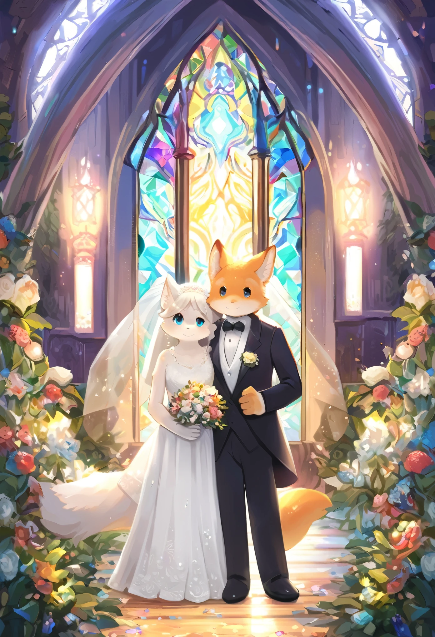 Top quality, ultra-fine illustrations(associations, colorful stained glass with shimmering light, kaleidoscope, wedding aisles lined with jewel-like lamps)(very detailed and beautiful faces, very detailed and beautiful eyes, eyes with lively brilliance)absurdres, perfect anatomy(angelic cute 1girl, kemono, angelic handsome 1boy, couple)(happy wedding, husband in tuxedo, beastman wife in wedding dress, husband hugging wife's shoulders, Two people staring at each other and smiling, wedding photo, bouquet of beautiful flowers, shining wedding ring on ring finger)(furry anthro:1.7)(furry body, animal face features, animal body features)(very detailed fur)full body, smile (dynamic pose),