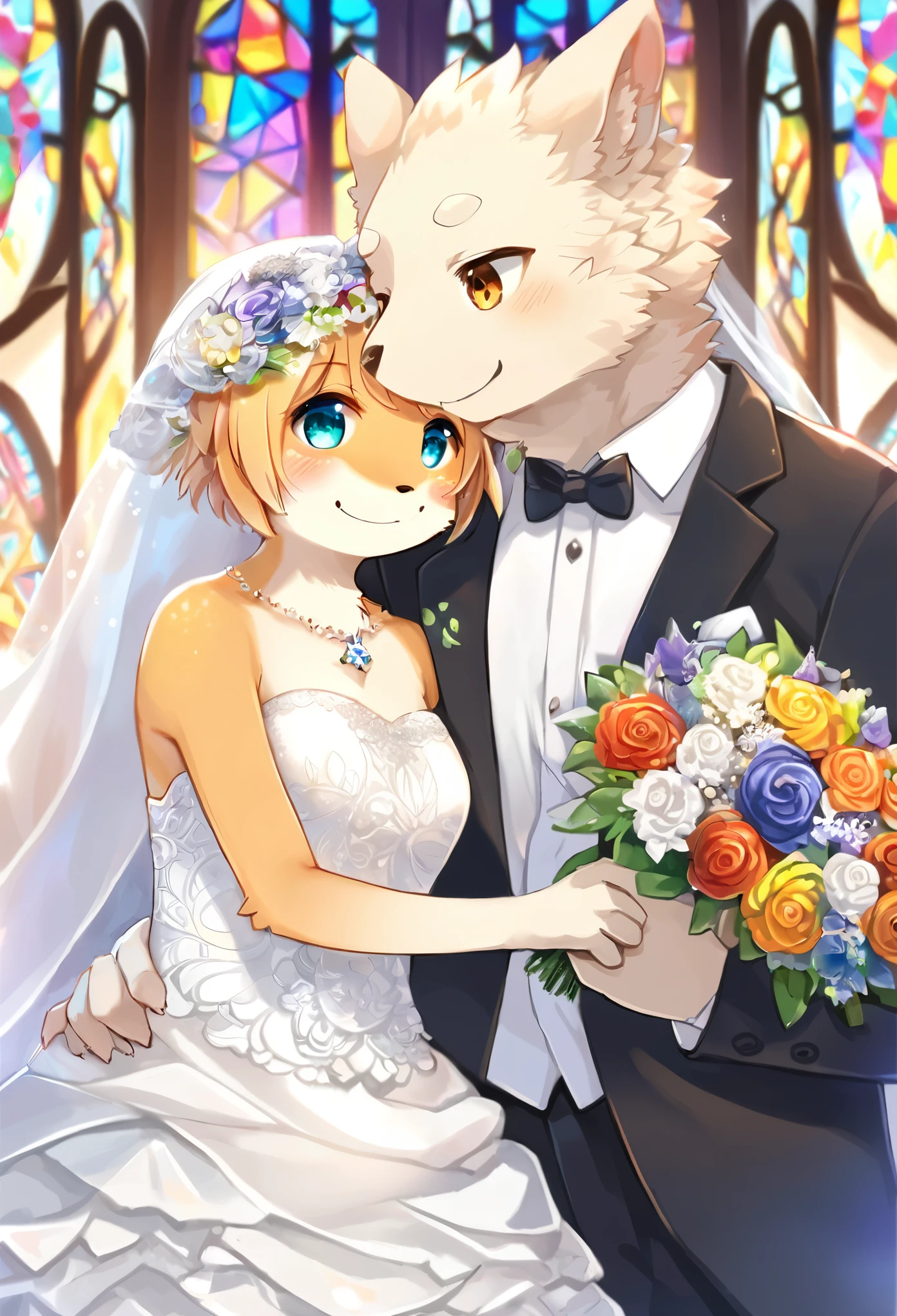 Top quality, ultra-fine illustrations(associations, colorful stained glass with shimmering light, kaleidoscope, wedding aisles lined with jewel-like lamps)(very detailed and beautiful faces, very detailed and beautiful eyes, eyes with lively brilliance)absurdres, perfect anatomy(angelic cute 1girl, kemono, angelic handsome 1boy, couple)(happy wedding, husband in tuxedo, beastman wife in wedding dress, husband hugging wife's shoulders, Two people staring at each other and smiling, wedding photo, bouquet of beautiful flowers, shining wedding ring on ring finger)(furry anthro:1.7)(furry body, animal face features, animal body features)(very detailed fur)full body, smile (dynamic pose),