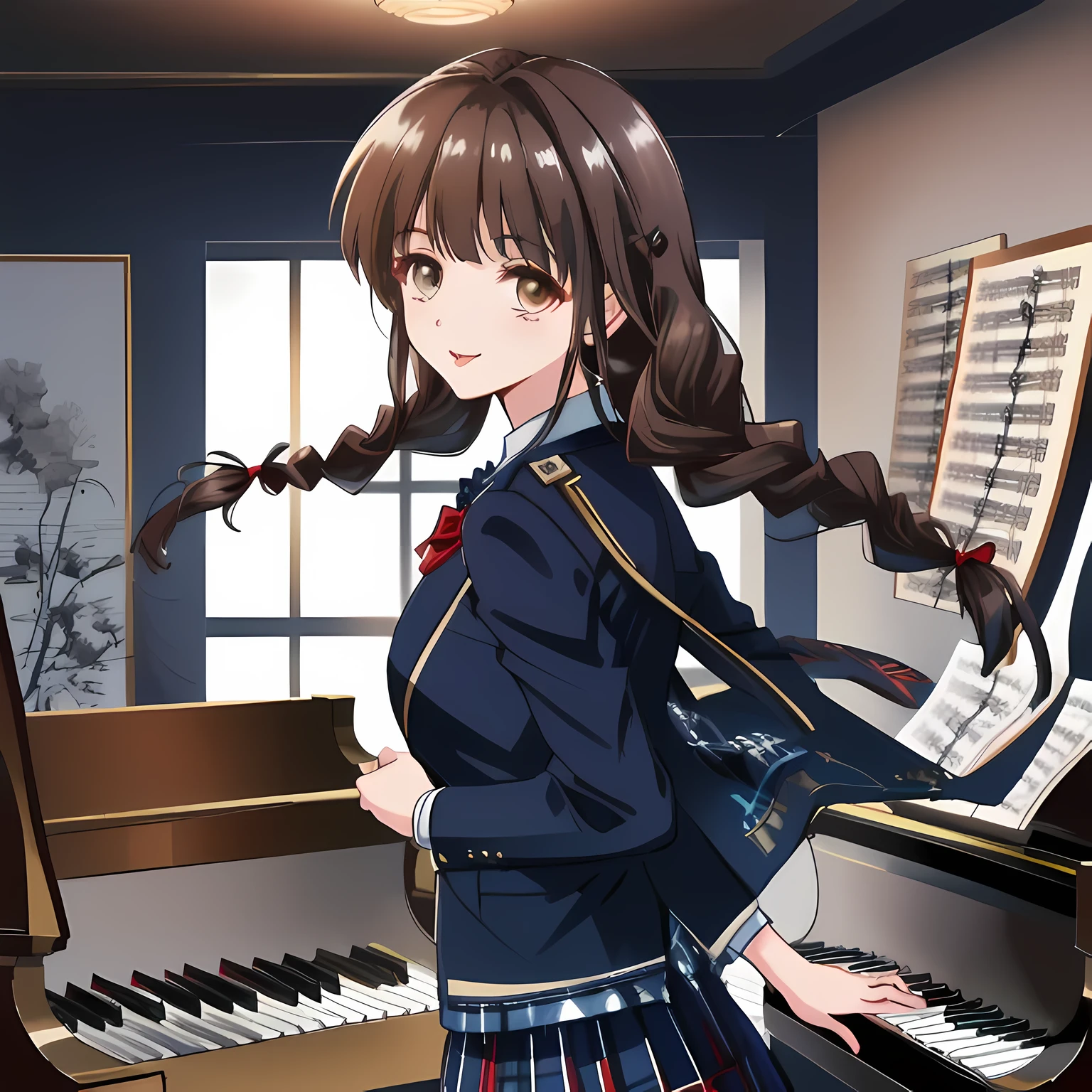 highest quality, (masterpiece:1.2), High resolution, perfect pixel, One so beautiful woman is singing the chorus, 16 years old, (((big very detailed beautiful dark brown eyes))), ((girly large wine-red glossy polyester Japanese school ribbon bow tie)), (((beautiful twin braids hair))), ((((dark blue & deep navy colored tartan checkered long skirt)))), ((A formal dark blue blazer that is slightly larger and has a gold emblem on the left chest that feels like the texture of the cloth.)), Watching the viewer and laughing, Very fun, Very happy, mouth is open, the skirt is so cute, detailed fingers, modest chest, curled bangs, ((Lip balm)), so beautiful, long eyelashes, ((Skirt and bow tie is photo realistic)), ((The background is a music room with a piano.)), Appeal to viewers, big long girly hair ribbons, Impressive and very beautiful eyes, shot from behind, double eyelids