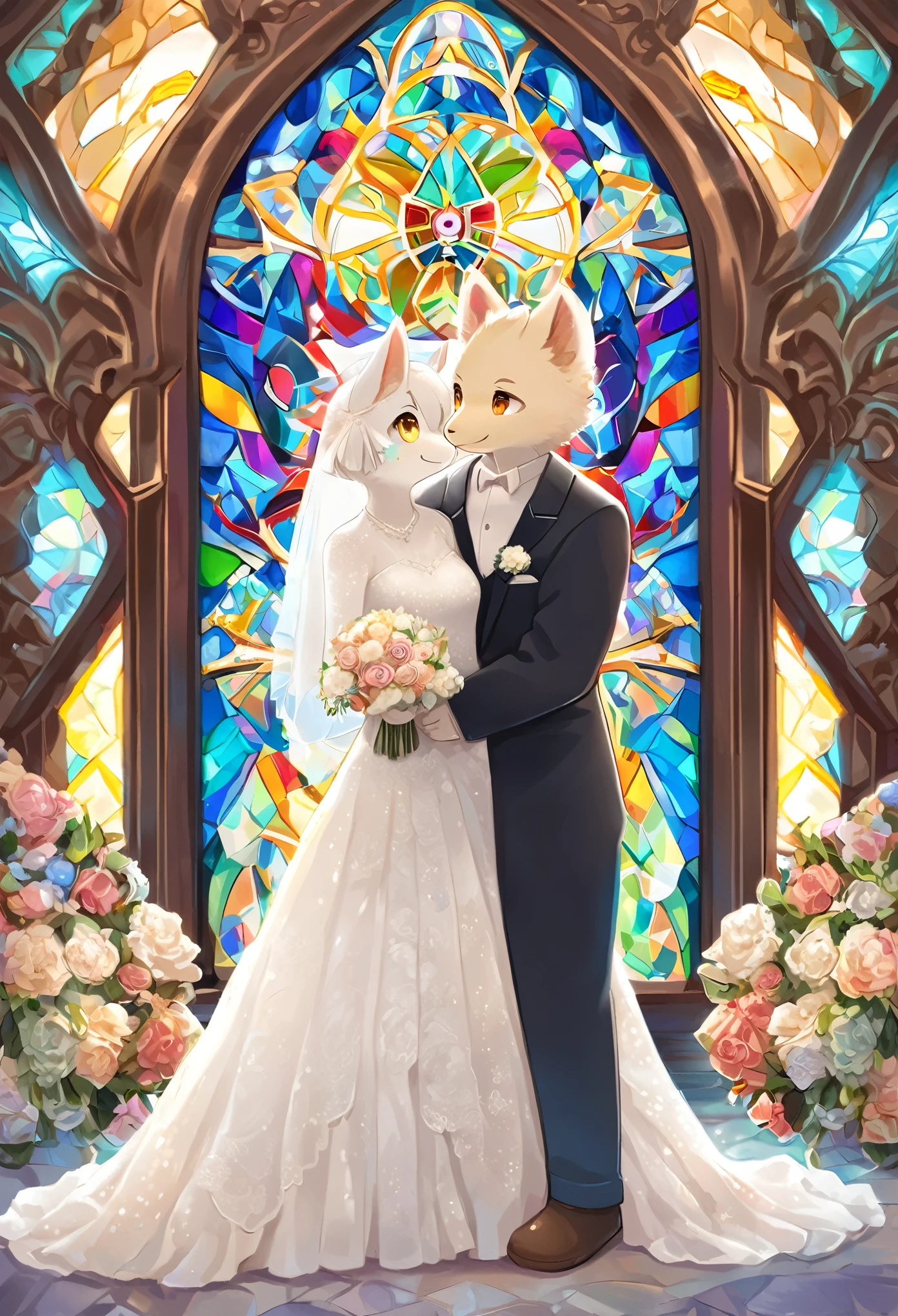 Top quality, ultra-fine illustrations(associations, colorful stained glass with shimmering light, kaleidoscope, wedding aisles lined with jewel-like lamps)(very detailed and beautiful faces, very detailed and beautiful eyes, eyes with lively brilliance)absurdres, perfect anatomy(angelic cute 1girl, kemono, angelic handsome 1boy, couple)(happy wedding, husband in tuxedo, beastman wife in wedding dress, husband hugging wife's shoulders, Two people staring at each other and smiling, wedding photo, bouquet of beautiful flowers, shining wedding ring on ring finger)(furry anthro:1.7)(furry body, animal face features, animal body features)(very detailed fur)full body, smile (dynamic pose),