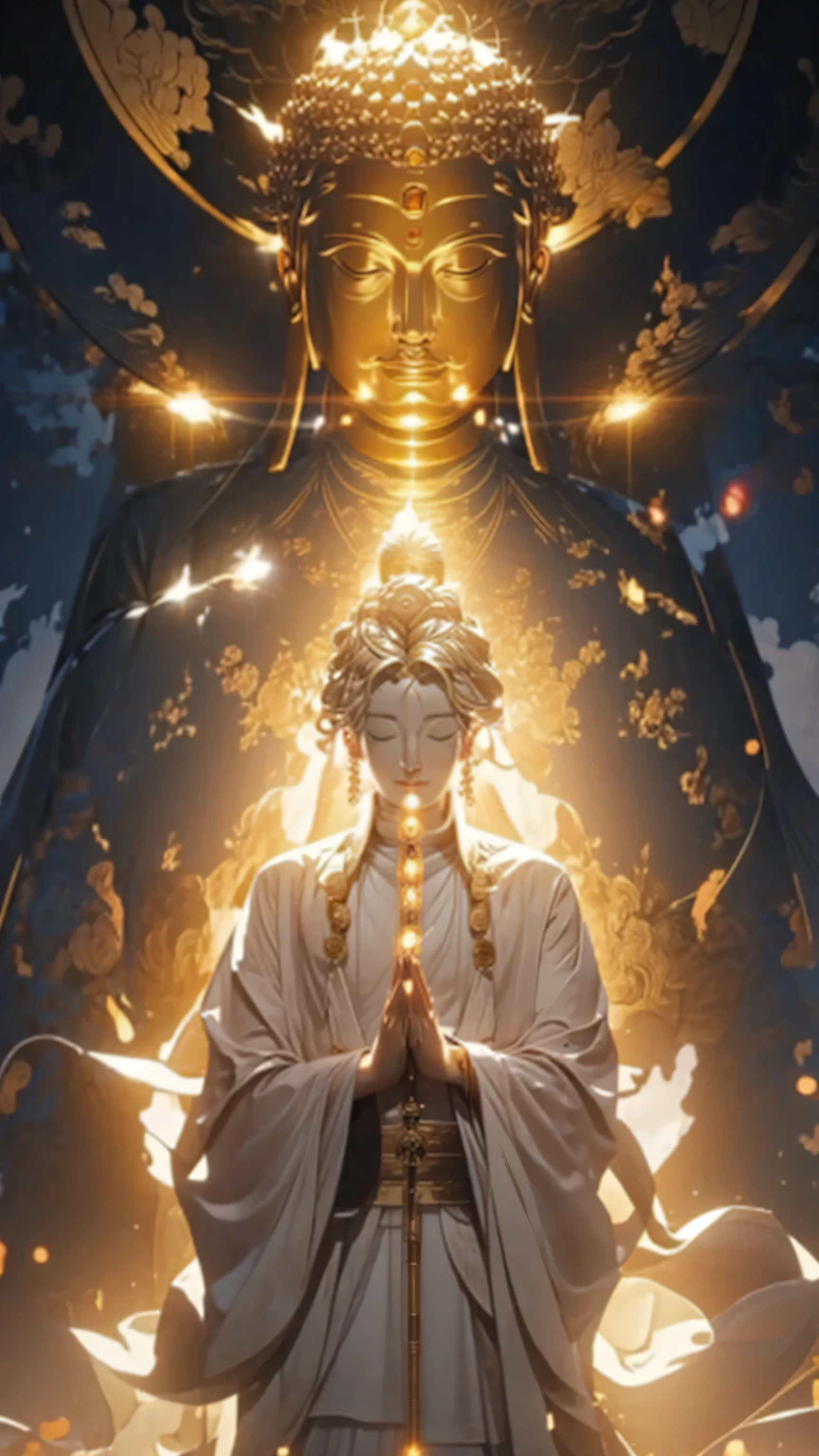 (masterpiece:1.2),best quality,pixiv,Taoism,(meditation:1.1),
alone,A character stands in front of a blond glowing Buddha,transparent,actual,skin texture