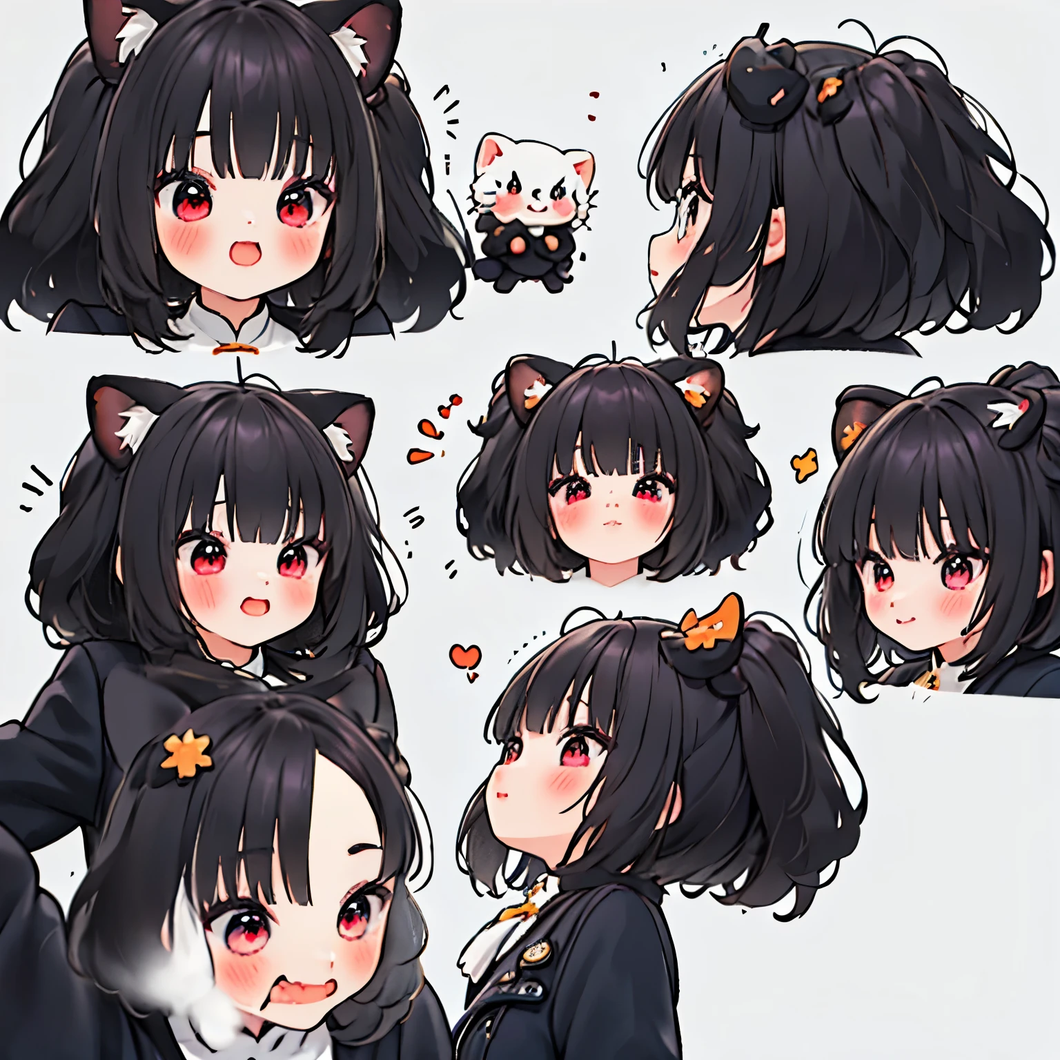 (9 emojis,hoja de emojis de,Alinear arreglo),9 poses y expresiones(se aflige,asombro,having fun,regocijado,gran risa,enojado,duda,Toca tu cabeza,Sell more, esperar),Fondo de pantalla CG unificado 8k extremadamente detallado, Fondo de pantalla 8KCG muy fino., absurdo, ,Mejor calidad ,ultra-detallado ,hermoso rostro ,obra maestra、Pantalla de cabeza a cintura、chica、de primera calidad(obra maestra), de primera calidad, ,((long hair slightly wavy slightly past the shoulders, black bangs, small black pigtails on the sides, cute cat ears, beautiful thin red eyes)),、kawaii