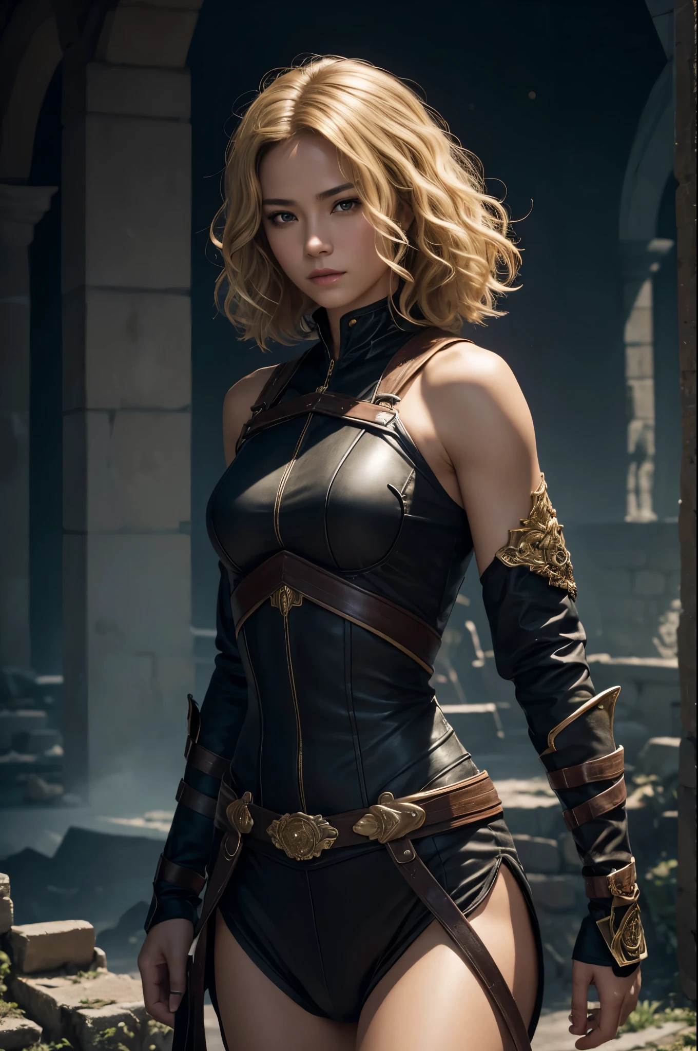 8K,A female assassin running in the night,Super beautiful(like the real thing),黒と赤の暗殺者のsexyな衣装,adult woman,golden short perm hair,sexy,masterpiece,Photorealistic RAW photos of the highest quality。bright colors,rich colors, Backlight, cinematic lighting, film grain, to be born, 50MM lens, Nikon D850,super realistic skin,fantasy art,character art,ultra high resolution,realistic scale skin,Perfect hand shape,view audience,beautiful expression,Close-up,owns a short sword,Inside an abandoned castle,short blonde perm hair,muscular slim body,