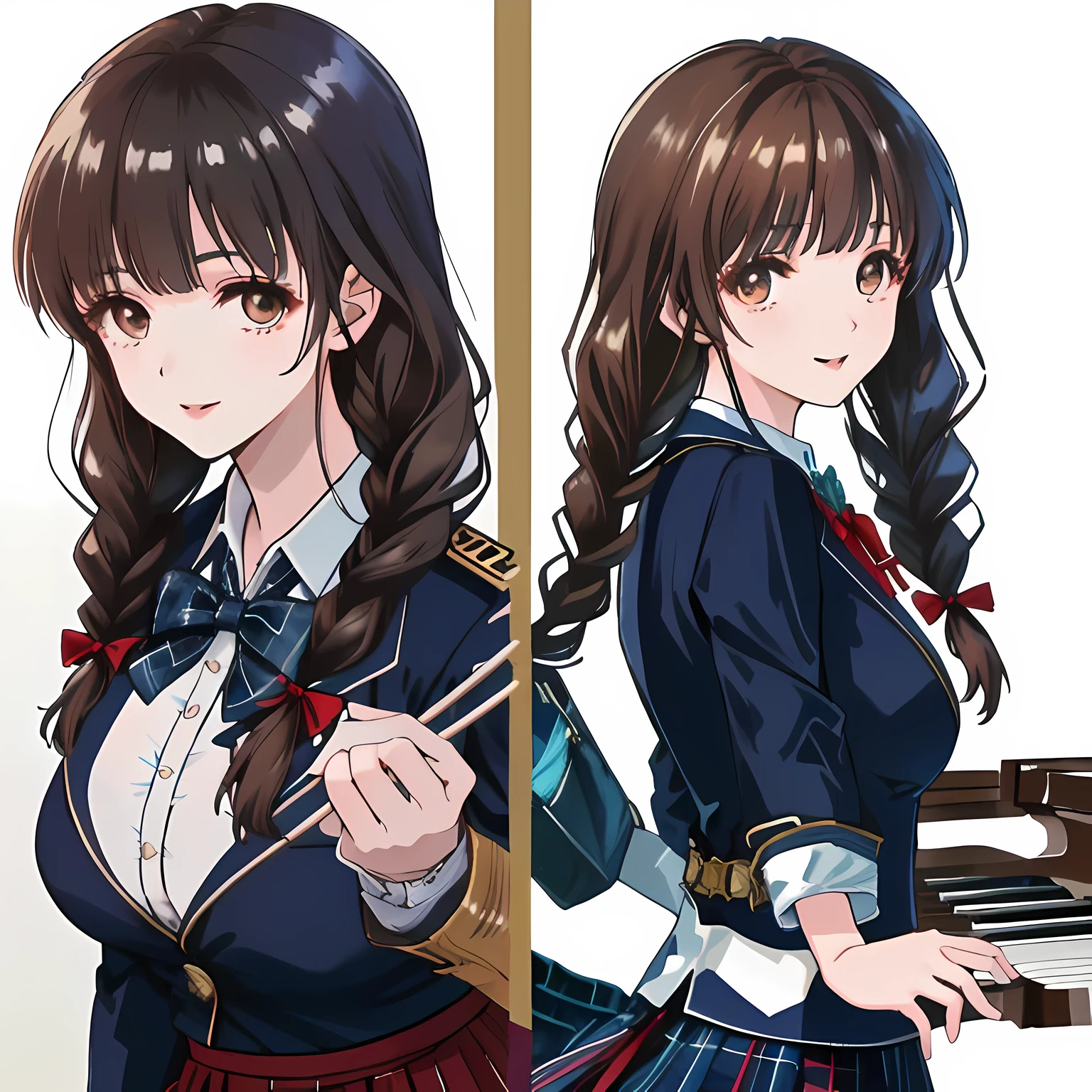 highest quality, (masterpiece:1.2), High resolution, perfect pixel, One so beautiful woman is singing the chorus, 16 years old, (((big very detailed beautiful dark brown eyes))), ((girly large wine-red glossy polyester Japanese school ribbon bow tie)), (((beautiful twin braids hair))), ((((dark blue & deep navy colored tartan checkered long skirt)))), ((A formal dark blue blazer that is slightly larger and has a gold emblem on the left chest that feels like the texture of the cloth.)), Watching the viewer and laughing, Very fun, Very happy, mouth is open, the skirt is so cute, detailed fingers, modest chest, curled bangs, ((Lip balm)), so beautiful, long eyelashes, ((Skirt and bow tie is photo realistic)), ((The background is a music room with a piano.)), Appeal to viewers, big long girly hair ribbons, Impressive and very beautiful eyes, shot from behind, double eyelids