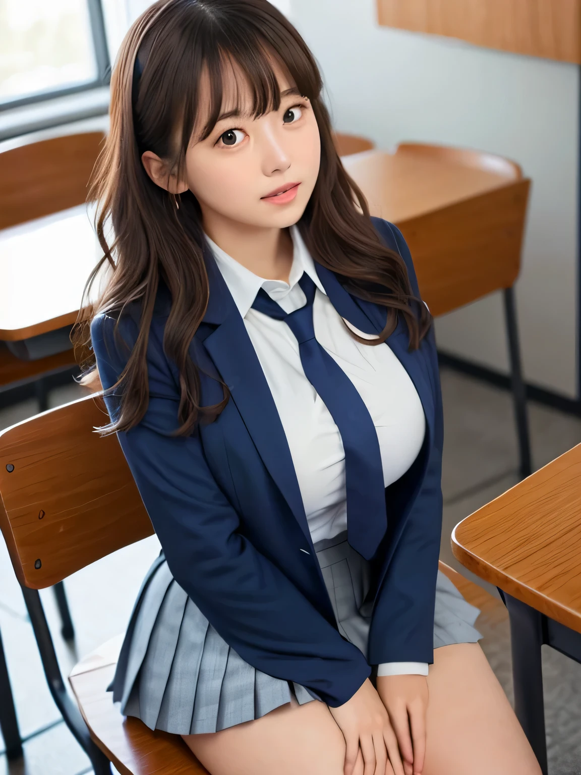 8k, highest quality, real image, intricate details, Super detailed, ultra high resolution, depth field,(realistic,realistic:1.2), (full body:1.3), (crying face:1.3), (tears:1.2), (lamentation:1.3), sitting on a chair, 1 Japanese girl, very beautiful  girl, (beautiful breasts:1.5, highly detailed eyes:1.2), (beautiful breasts:1.1), (small breasts:1.2), (wavy hair)、(curly hair)、bangs, perfect skin, Fair skin,( huge hips:1.3), (thick thighs:1.3), (thick legs:1.3), tight waist, alone, (knees together), (hands between her legs), looking at the viewer, (School_uniform),(dark blue blazer), (white shirt、wear a tie), (gray pleated skirt), (sculpture installation :1.1), break classroom