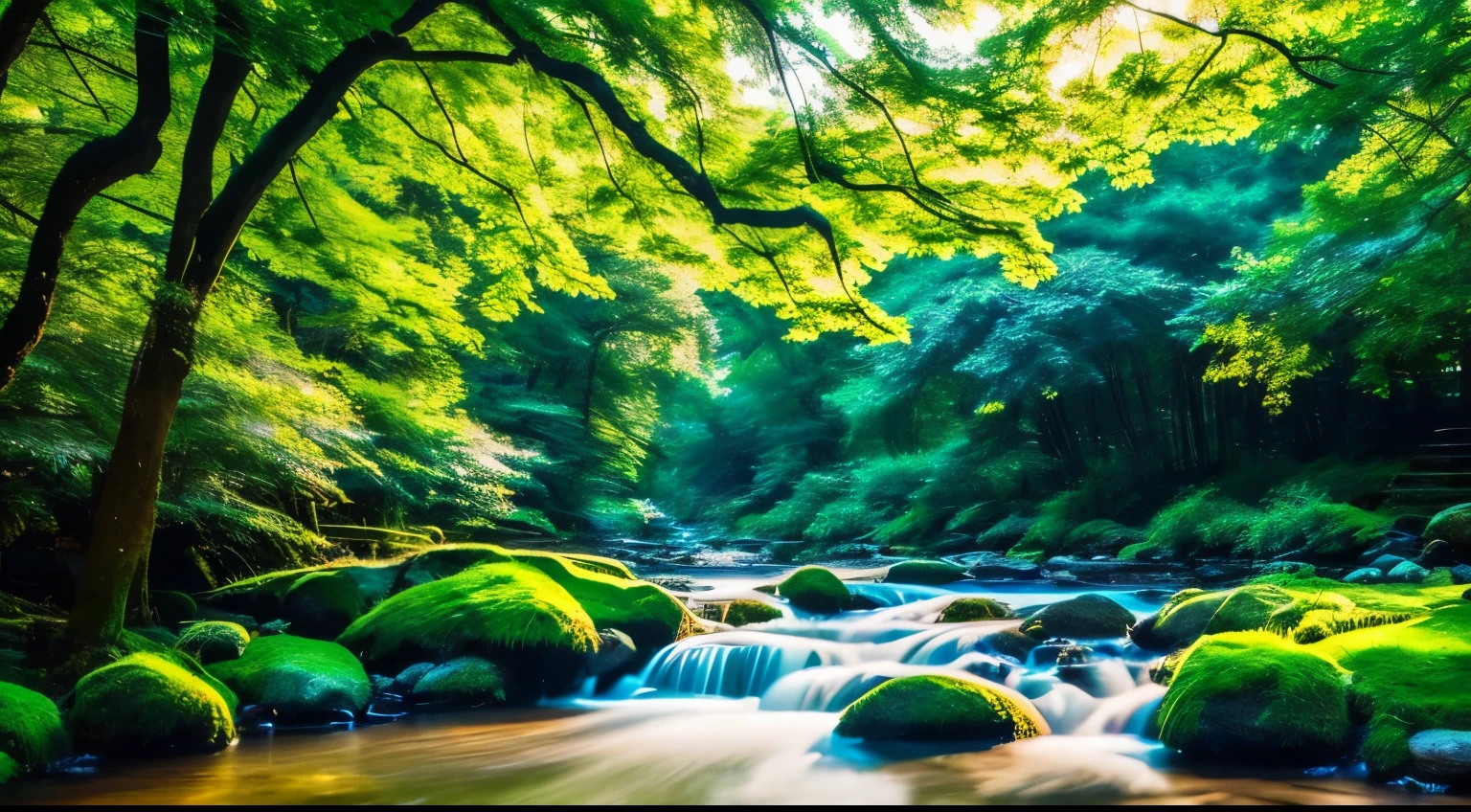 I took a photo of a peaceful moment spent in nature..。wood々Imagine a peaceful landscape bathed in soft morning light.。.。a gentle meandering stream、Surrounded by lush greenery。The overall atmosphere is calm and connected to the natural world.、Highlights the beauty and serenity of outdoor moments。