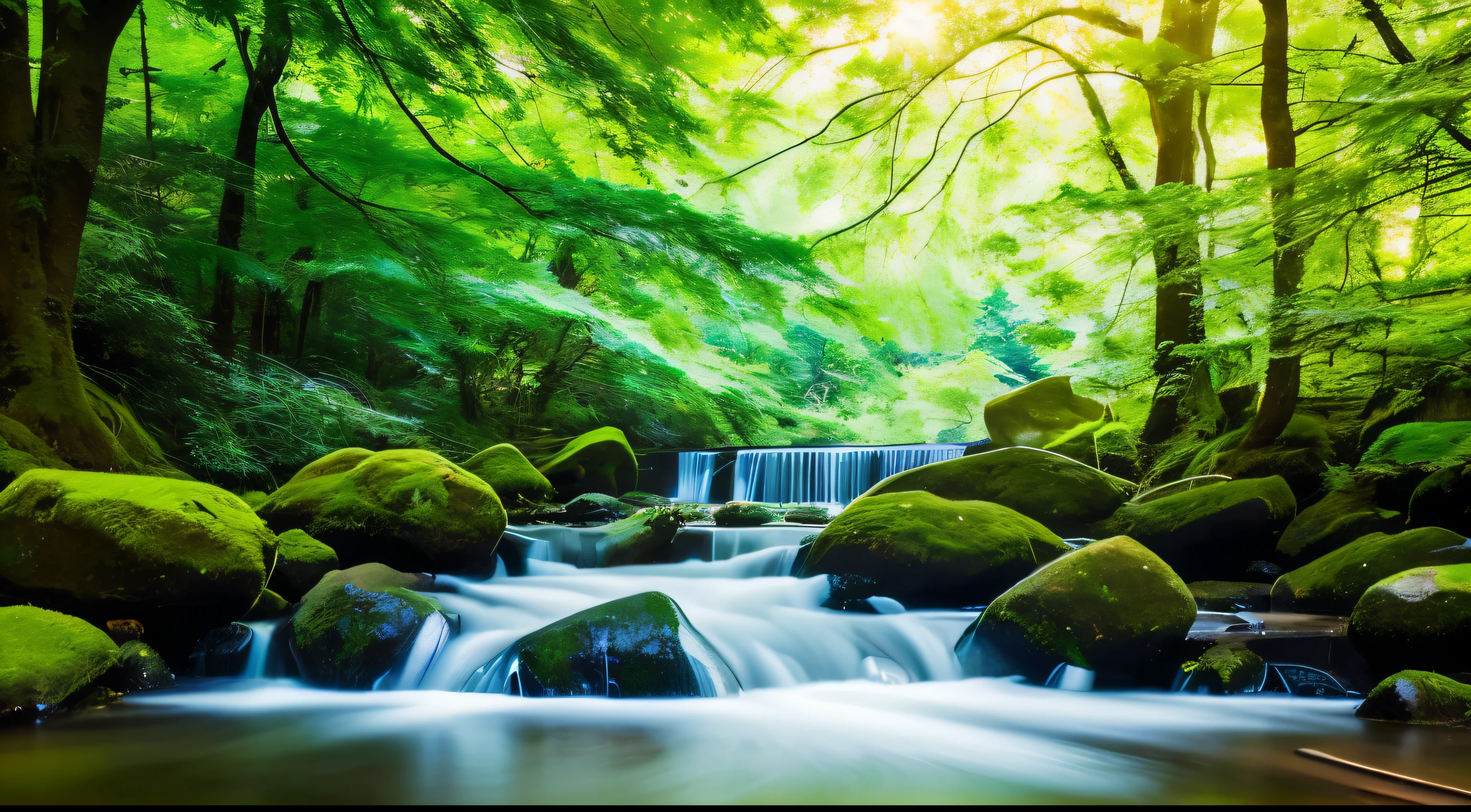 I took a photo of a peaceful moment spent in nature..。wood々Imagine a peaceful landscape bathed in soft morning light.。.。a gentle meandering stream、Surrounded by lush greenery。The overall atmosphere is calm and connected to the natural world.、Highlights the beauty and serenity of outdoor moments。