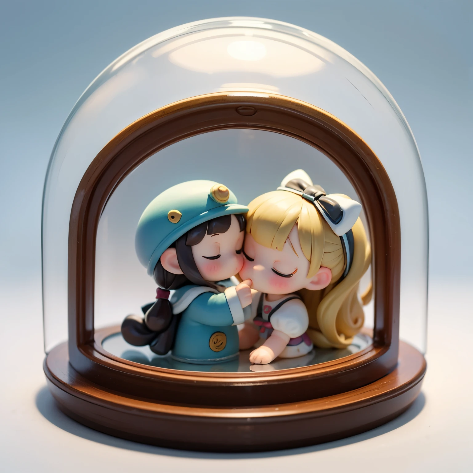 There is a kissing doll inside a dome-shaped transparent plastic case.