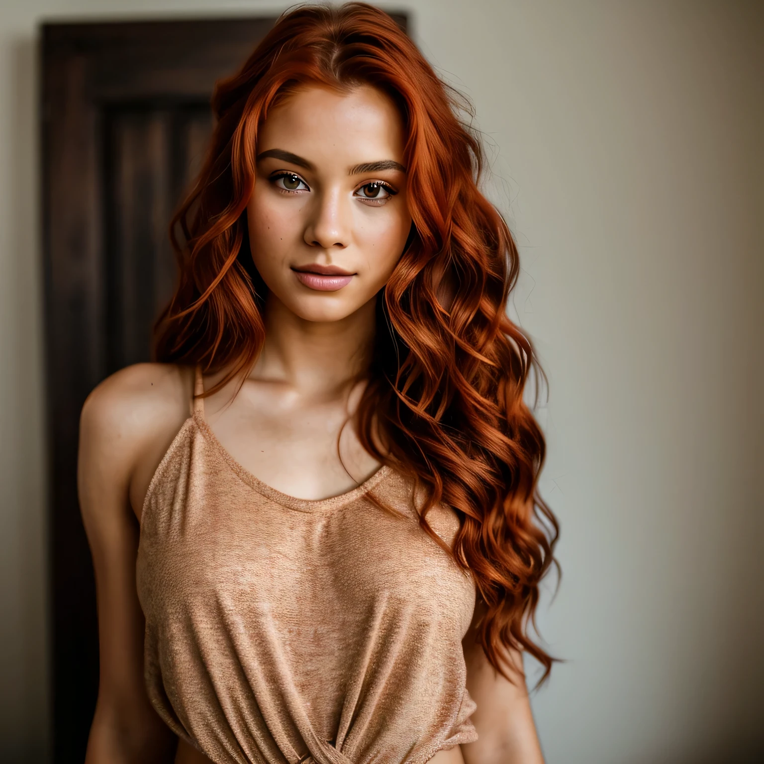 ((realistic skin texture, full body)), 20 years old, young woman standing, red hair, wavy hair, long hair, light brown skin, alluring woman using lipstick, tank top casual outfit, ((ginger tied up mid hair)), cute pose looking away, huge hooters, ((best quality, best quality, realistic photography)), ((masterpiece)),(full head on frame)), RAW, analog style, sharp focus, 8k UHD, DSLR, high quality, Fujifilm XT3, grain, award winning, masterpiece.
