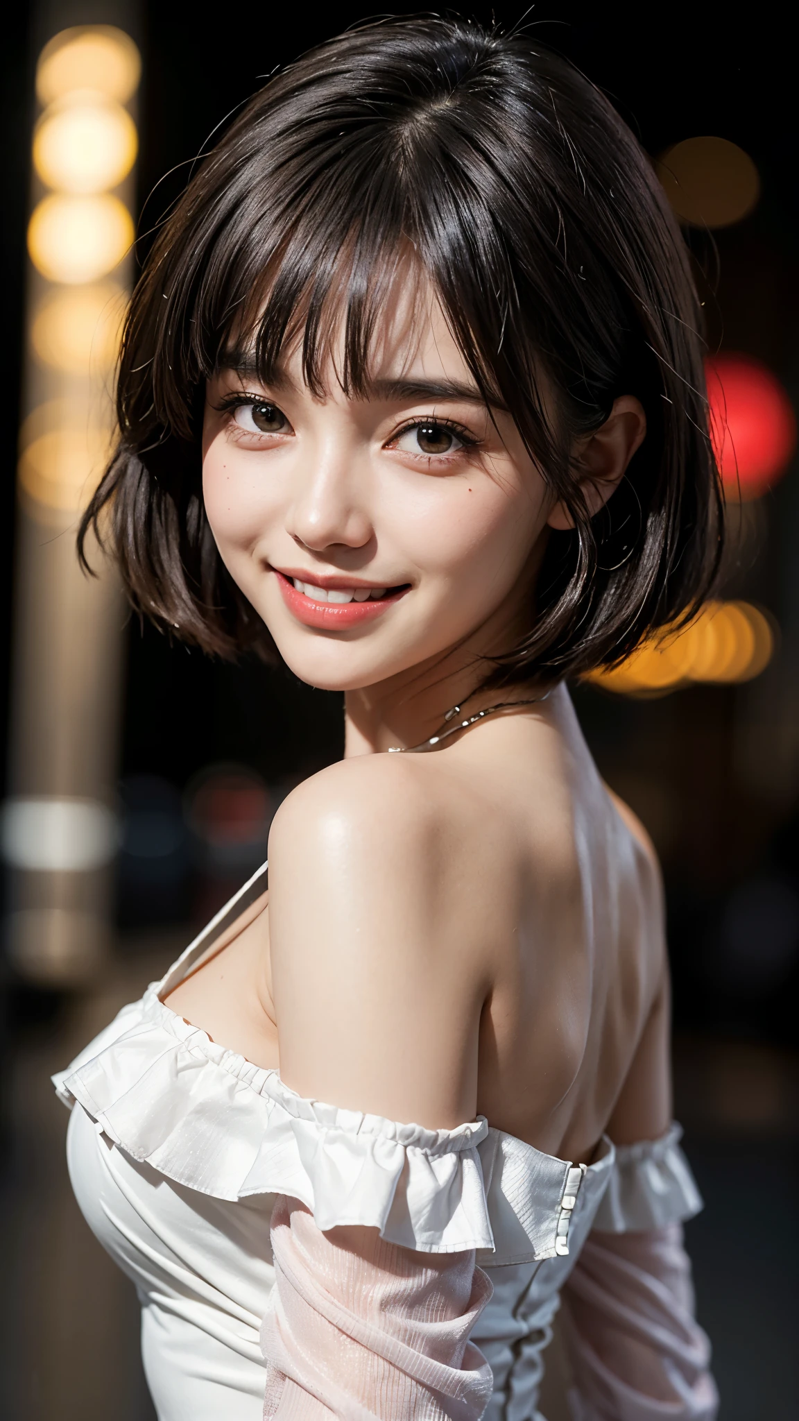 cute 26 year old,1 girl,slim face ,8K,Super realistic image quality,dynamic shadow,sparkling eyes,clear black eyes,beautiful back,,movie theater lighting,dark back alley,night,Darkness of the city,suit, ((face close up:1.2)),((A smile showing white teeth)),((Open mouth and smile happily)),((short perm hair)),((very short bangs)),off shoulder dress,close, 8K, Raw photo, highest quality, masterpiece,realistic, photo-realistic,