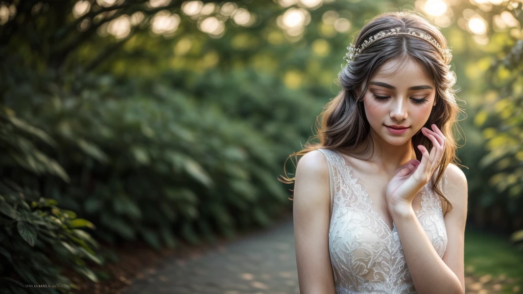 (best quality,4k,8k,highres,masterpiece:1.2),ultra-detailed,(realistic,photorealistic,photo-realistic:1.37),professional photography,portrait,beautiful girl,spring morning,blooming flowers,lush green garden,vibrant colors,golden sunlight,soft lighting,bokeh,detailed facial features,bright smile,graceful pose,flowing dress,long wavy hair,elegant headband,delicate fingers,gentle touch,captivating eyes,long eyelashes,rosy lips,fresh air,tender moments,serene atmosphere,minimalistic background,subtle shadows,shallow depth of field,blurred foreground,dreamlike ambiance,romantic vibes,joyful expression,magical vibe