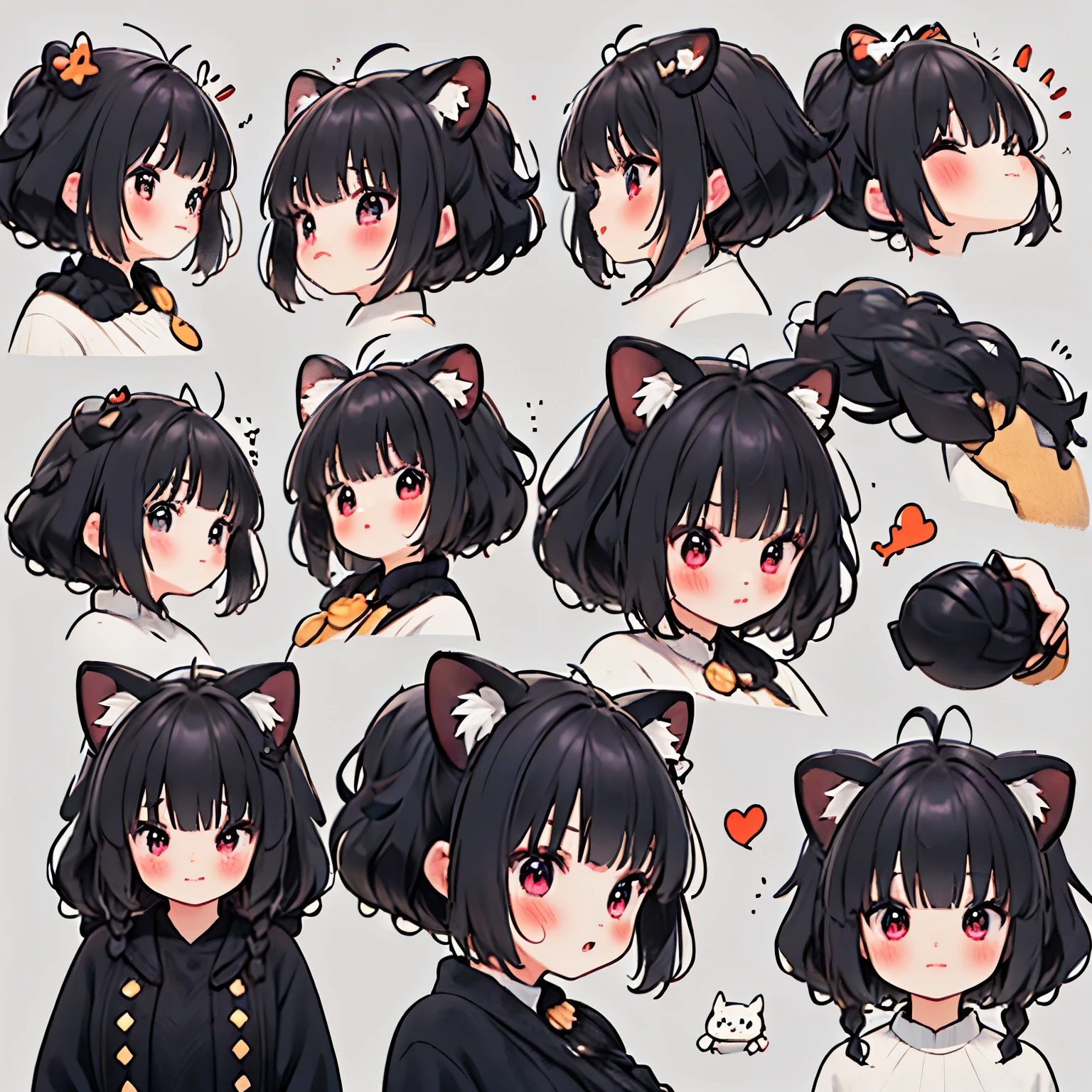 (9 emojis，hoja de emojis de，Alinear arreglo)，9 poses y expresiones（se aflige，asombro，having fun，regocijado，gran risa，enojado，duda，Toca tu cabeza，Sell more, esperar），Fondo de pantalla CG unificado 8k extremadamente detallado, Fondo de pantalla 8KCG muy fino., absurdo， ，Mejor calidad ，ultra-detallado ，hermoso rostro  ，obra maestra、Pantalla de cabeza a cintura、chica、de primera calidad(obra maestra), de primera calidad, ,((long hair slightly wavy slightly past the shoulders, black bangs, small black pigtails on the sides, cute cat ears, beautiful thin red eyes)),、kawaii