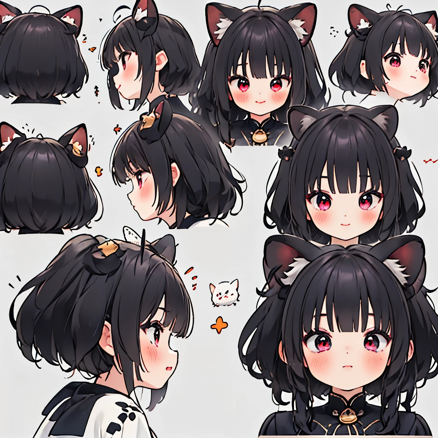 (9 emojis,hoja de emojis de,Alinear arreglo),9 poses y expresiones(se aflige,asombro,having fun,regocijado,gran risa,enojado,duda,Toca tu cabeza,Sell more, esperar),Fondo de pantalla CG unificado 8k extremadamente detallado, Fondo de pantalla 8KCG muy fino., absurdo, ,Mejor calidad ,ultra-detallado ,hermoso rostro ,obra maestra、Pantalla de cabeza a cintura、chica、de primera calidad(obra maestra), de primera calidad, ,((long hair slightly wavy slightly past the shoulders, black bangs, small black pigtails on the sides, cute cat ears, beautiful thin red eyes)),、kawaii